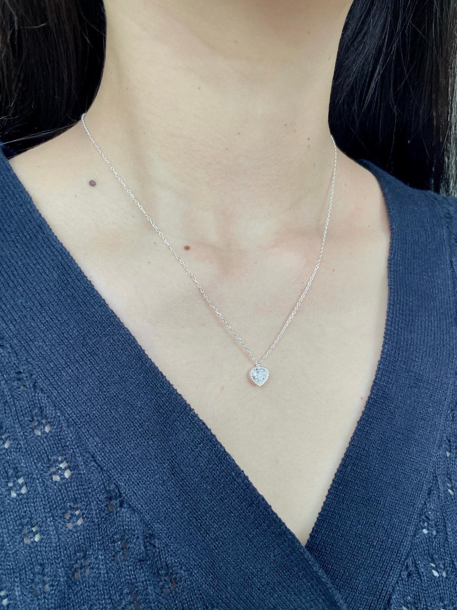 Cute Silver Heart Clavicle Necklace, Pink Heart Pendant Jewellery, Shiny Sparkling Love Necklace, Dainty Lovely Jewelry, 925 Sterling Silver