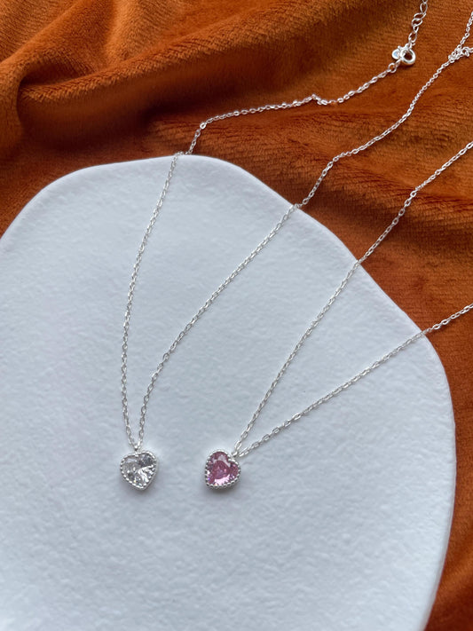Cute Silver Heart Clavicle Necklace, Pink Heart Pendant Jewellery, Shiny Sparkling Love Necklace, Dainty Lovely Jewelry, 925 Sterling Silver