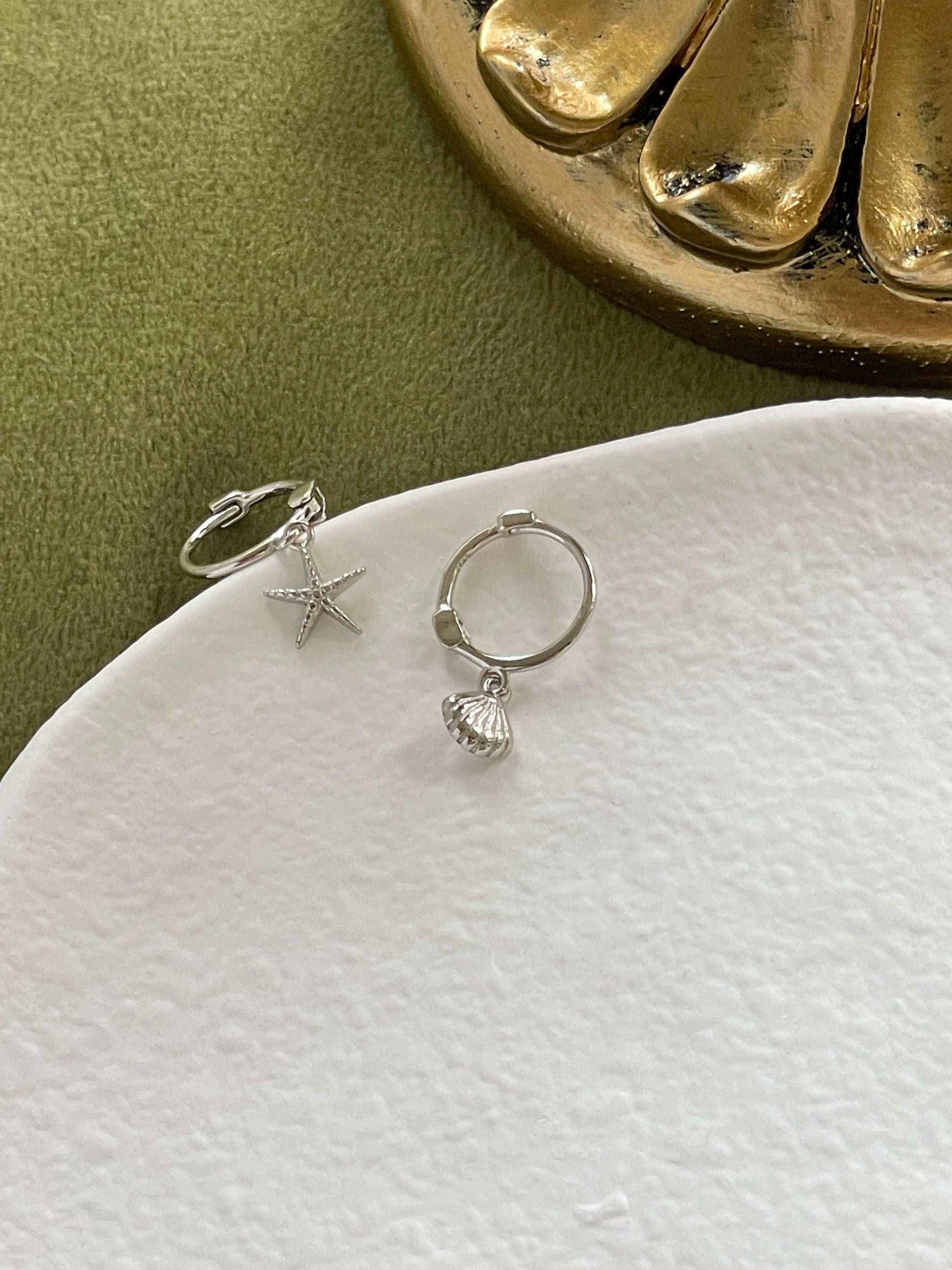 Cute Starfish Shell Hoops, Small Lovely Seashell Drop Dangle Earrings, Ocean Beach Sea Jewelry, Dainty Mini Gold Plated 925 Silver Jewellery