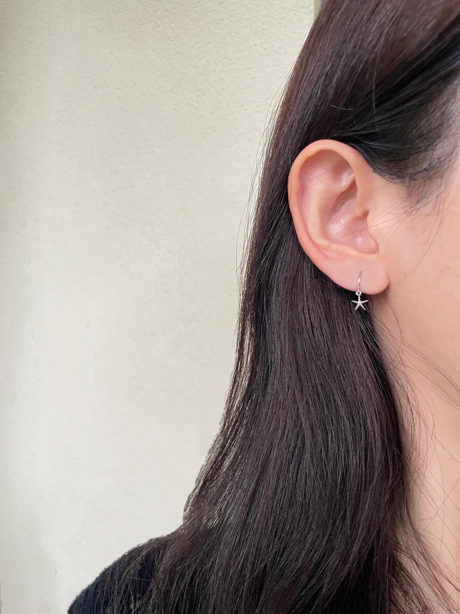 Cute Starfish Shell Hoops, Small Lovely Seashell Drop Dangle Earrings, Ocean Beach Sea Jewelry, Dainty Mini Gold Plated 925 Silver Jewellery