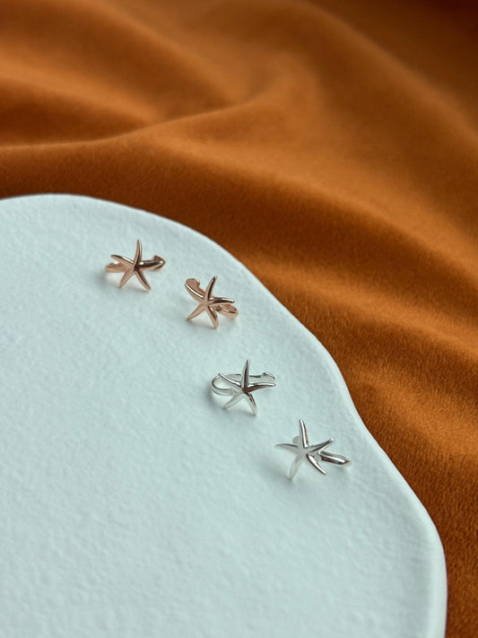 Dainty Silver Starfish Non-Piercing Earrings, Cute Rose Gold Starfish Ear Cuffs Jewelry, 18K Gold Plated 925 Silver Celestial Star Jewellery