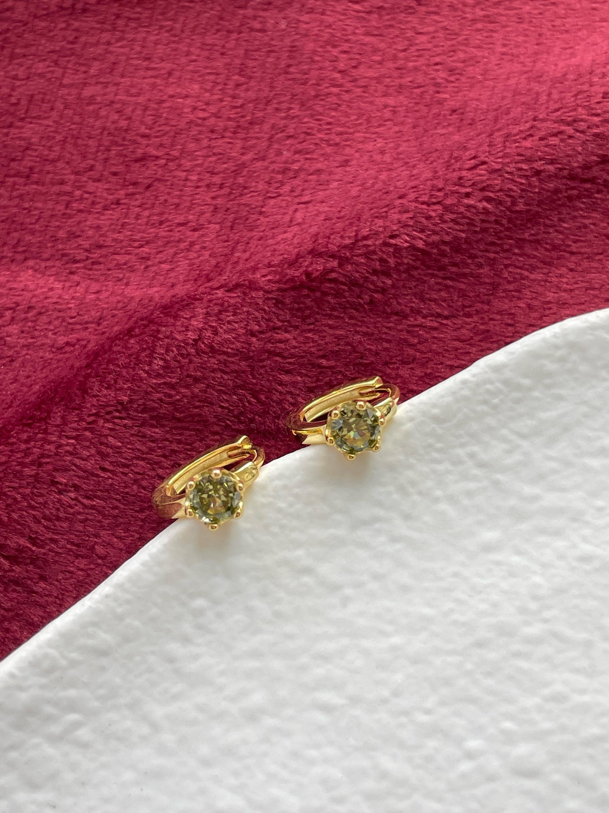 Retro Green Stone Huggie, Dainty Vintage Emerald Hoop Earrings, Green Zircon Hoops Jewelry, 18K Gold Plated 925 Sterling Silver Jewellery