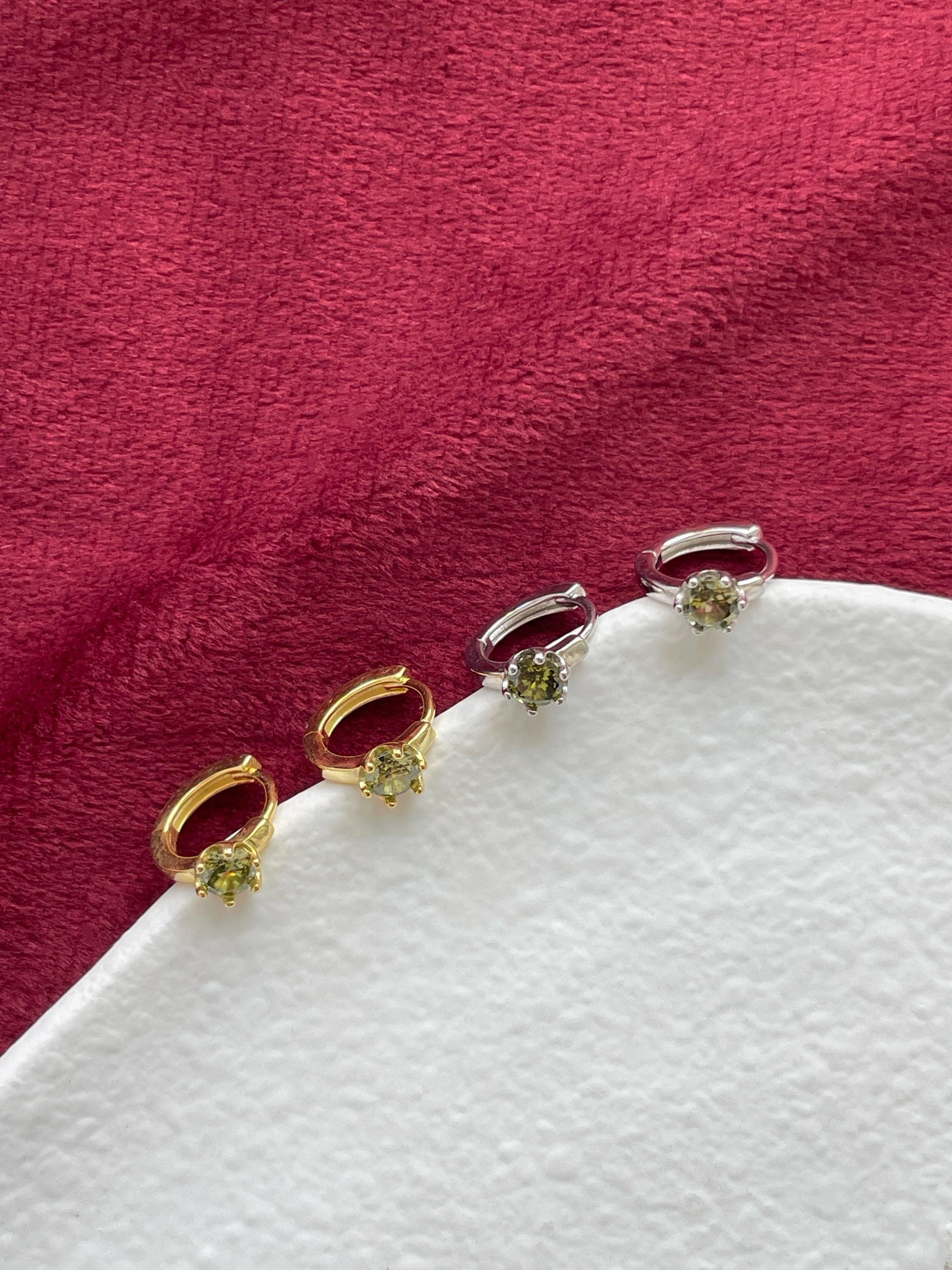 Retro Green Stone Huggie, Dainty Vintage Emerald Hoop Earrings, Green Zircon Hoops Jewelry, 18K Gold Plated 925 Sterling Silver Jewellery