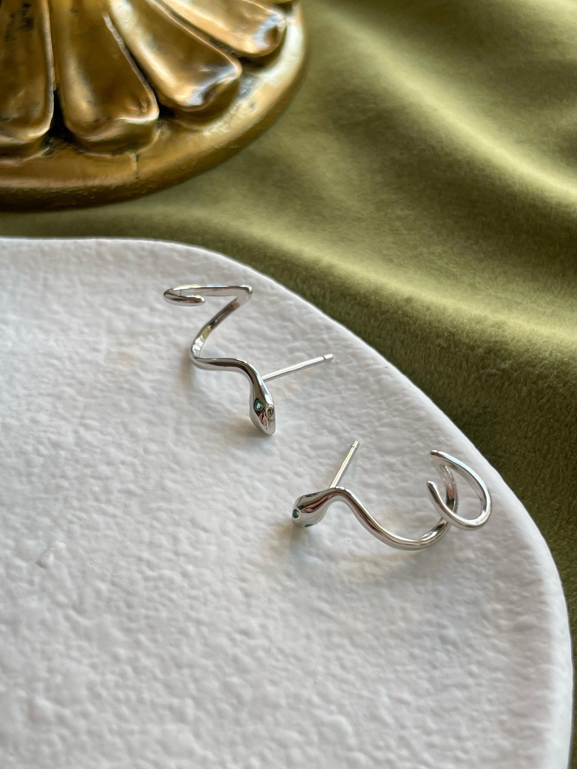 Solid Sterling Silver Snake Stud Earrings, Snake Ear Climber Earrings With Green Gemstone Eyes, Animal Jewelry