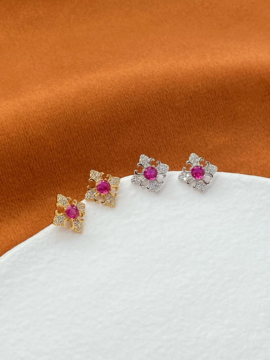 Dainty Ruby Stud Earrings, Elegant Vintage Red Stone Stud Earrings Jewelry, Retro Luxury Court Style Floral Studs, Red Gemstone Jewellery