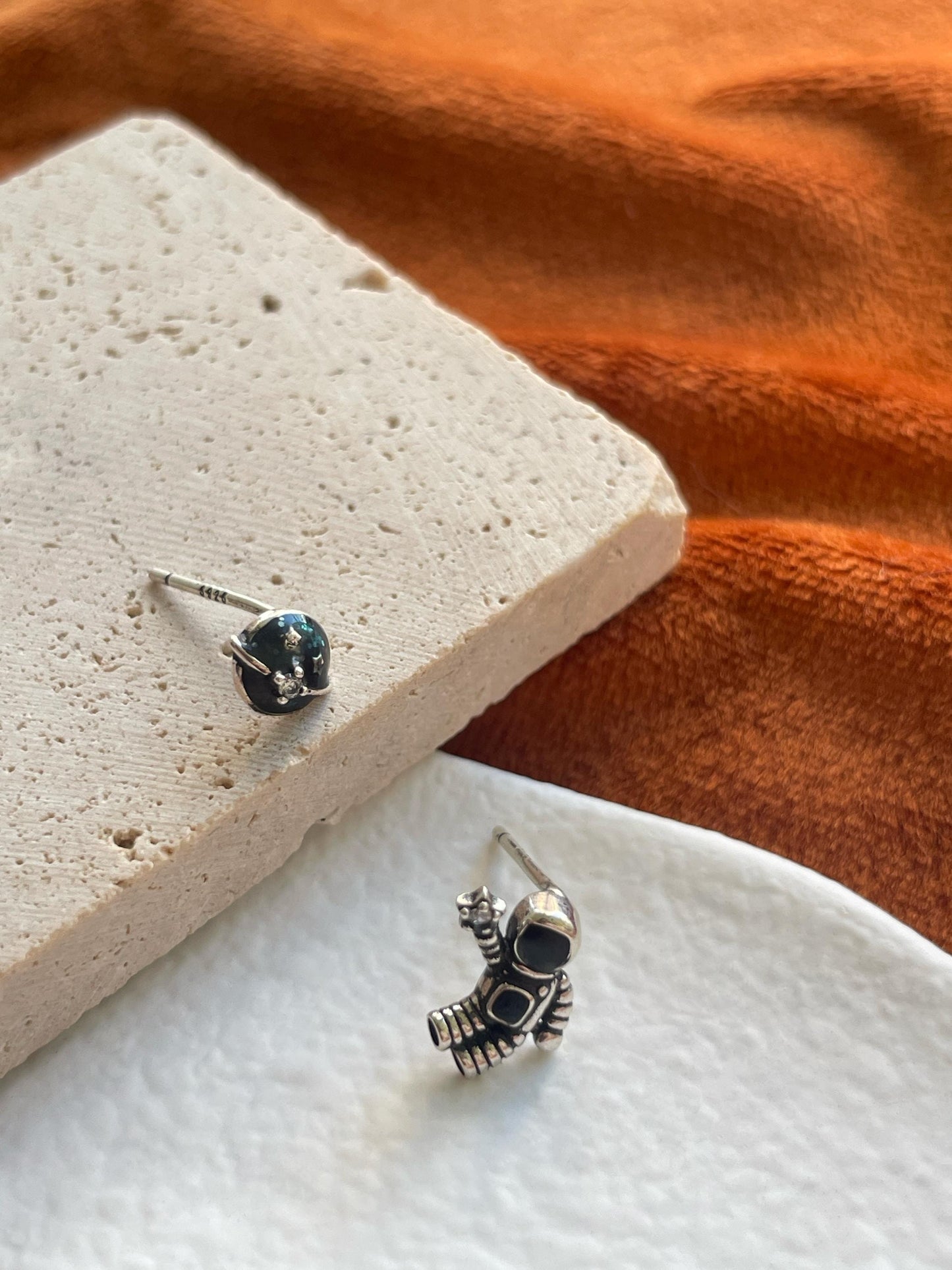 Astronaut & Planet Stud Earrings, Outer Space Galaxy Spaceman Studs, Cute Asymmetrical Animated Saturn Star Jewellery, Silver Enamel Jewelry