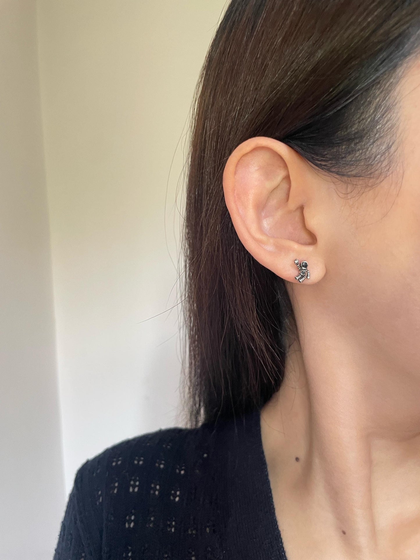 Astronaut & Planet Stud Earrings, Outer Space Galaxy Spaceman Studs, Cute Asymmetrical Animated Saturn Star Jewellery, Silver Enamel Jewelry