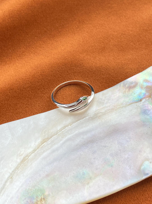 Green Eyes Snake Ring, Green Stone Silver Snake Adjustable Rings, Minimalist Dainty Double Layers Rings Jewelry, Simple Elegant Jewellery