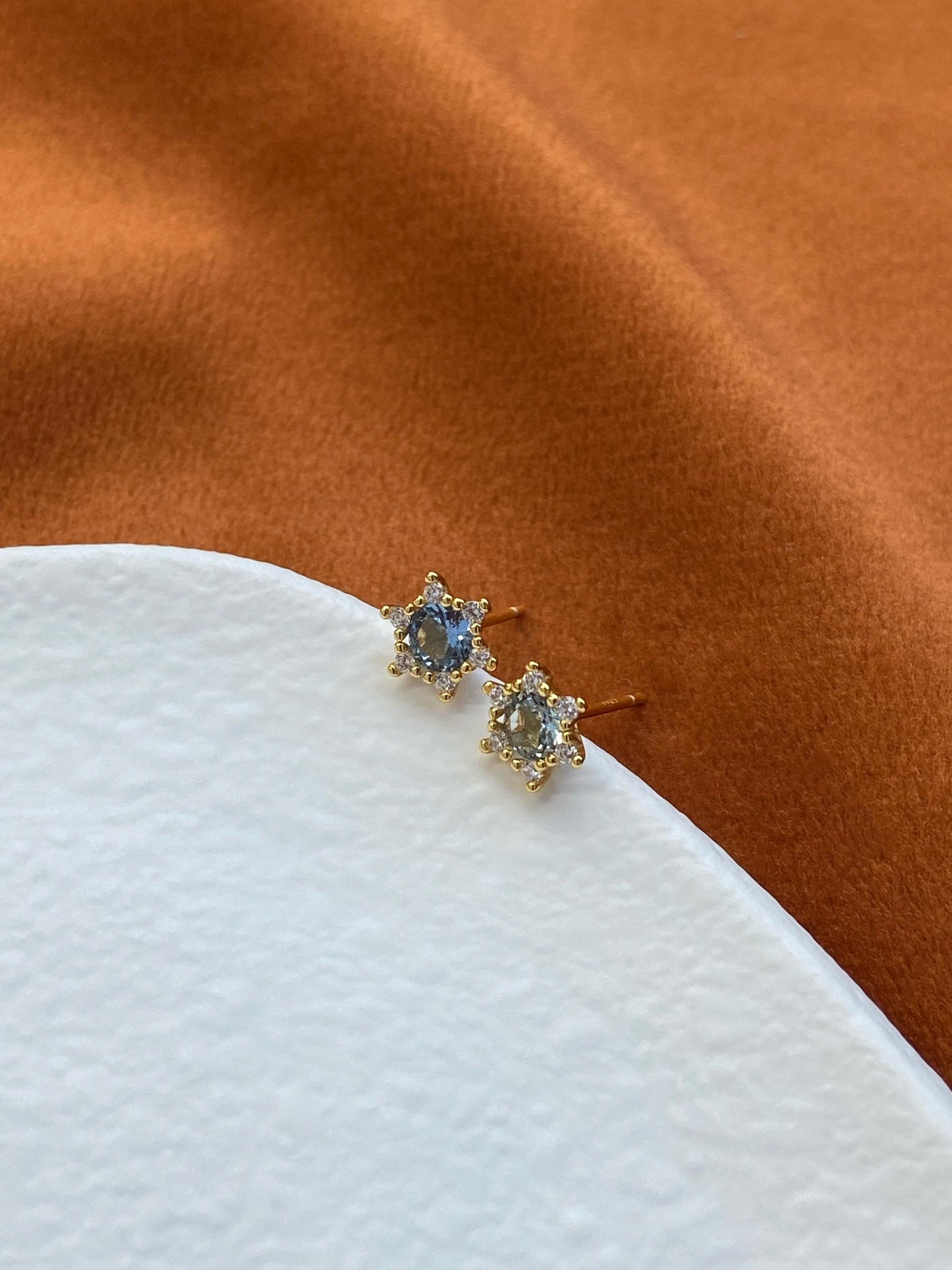 Mini Blue Star Stud Earrings, Cute Blue Snowflake Gemstone Earrings, Small Shiny Sapphire Jewelry, Sterling Silver Zircon Studs Jewellery