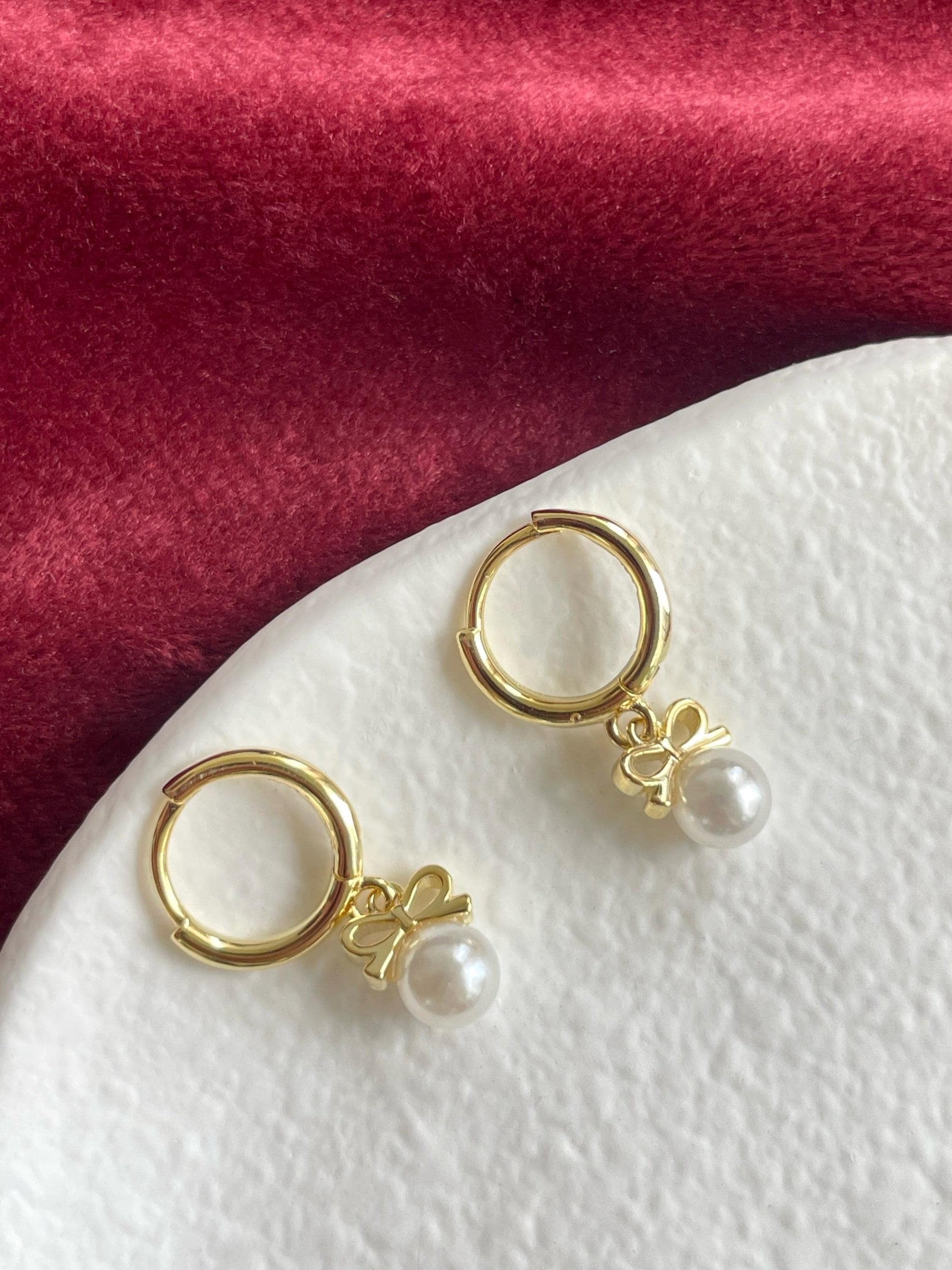 Bowknot Pearl Hoop Earrings, Cute Pearl Drop Dangle Earrings, Vintage Style Pearl Hoops Jewelry, Retro Gold Plated Sterling Silver Jewellery