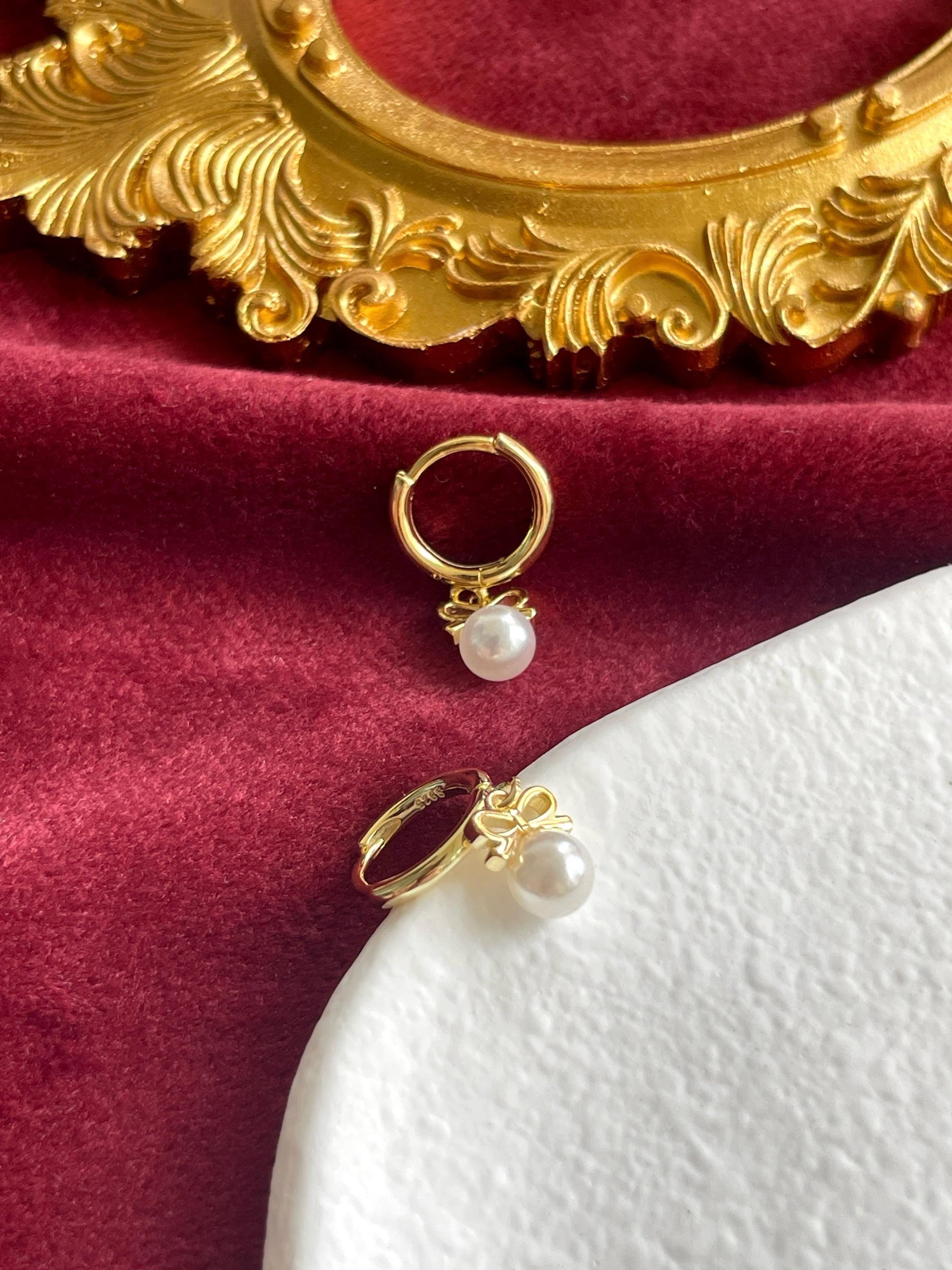 Bowknot Pearl Hoop Earrings, Cute Pearl Drop Dangle Earrings, Vintage Style Pearl Hoops Jewelry, Retro Gold Plated Sterling Silver Jewellery