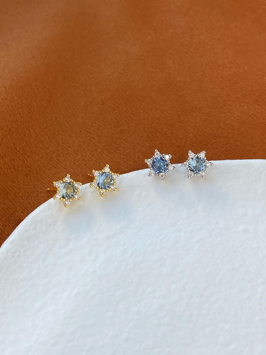 Mini Blue Star Stud Earrings, Cute Blue Snowflake Gemstone Earrings, Small Shiny Sapphire Jewelry, Sterling Silver Zircon Studs Jewellery