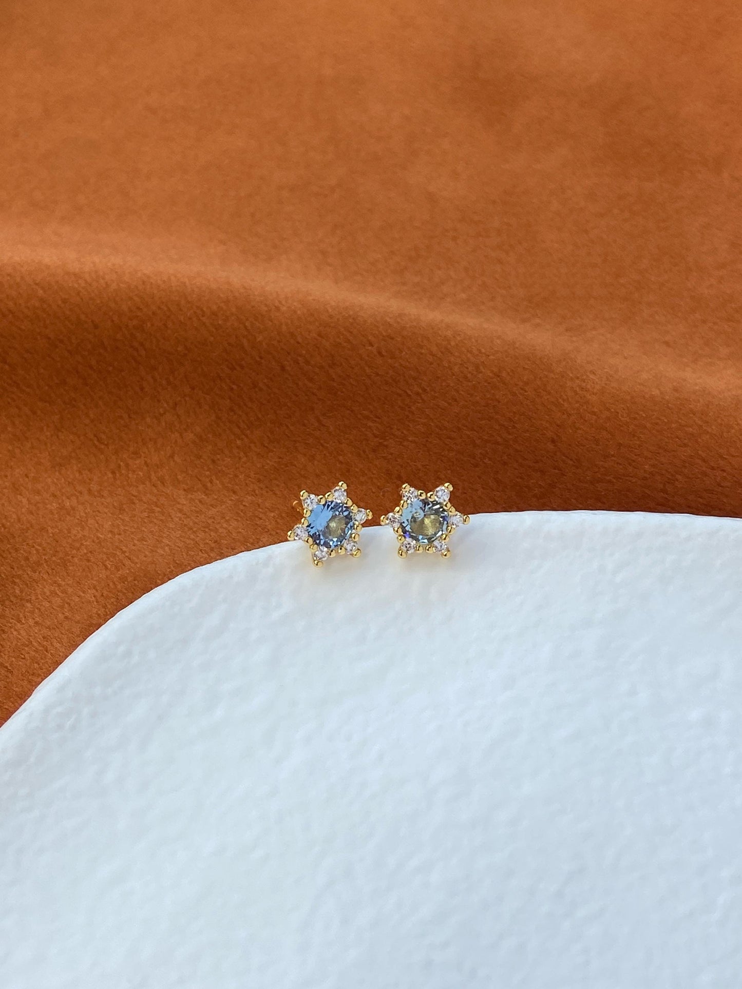 Mini Blue Star Stud Earrings, Cute Blue Snowflake Gemstone Earrings, Small Shiny Sapphire Jewelry, Sterling Silver Zircon Studs Jewellery