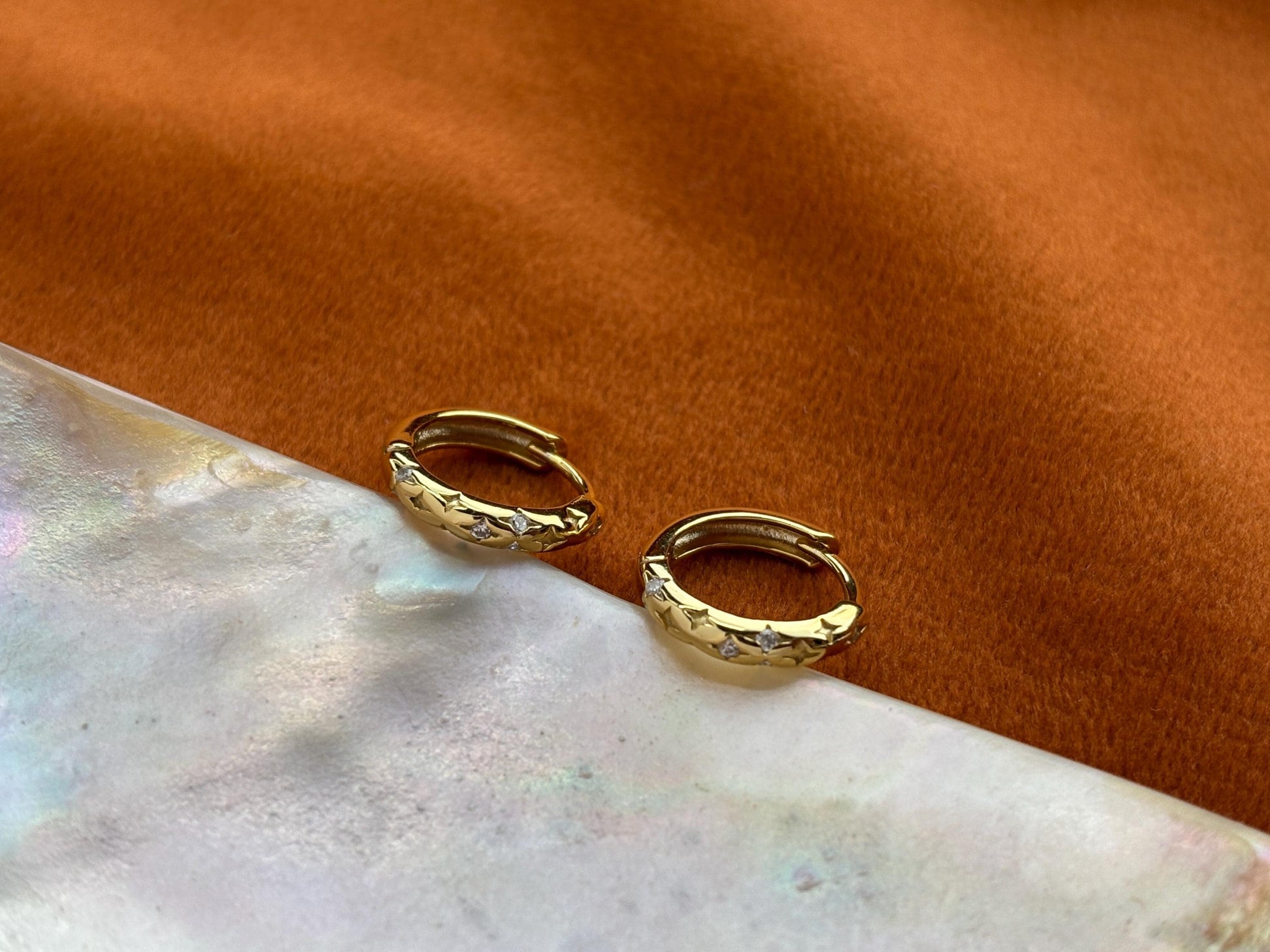 North Star Golden Hoop Earrings, Dainty Star Huggie, Shiny Star Earrings Jewelry, 18K Gold Plated Sterling Silver Sparkling Star Jewellery