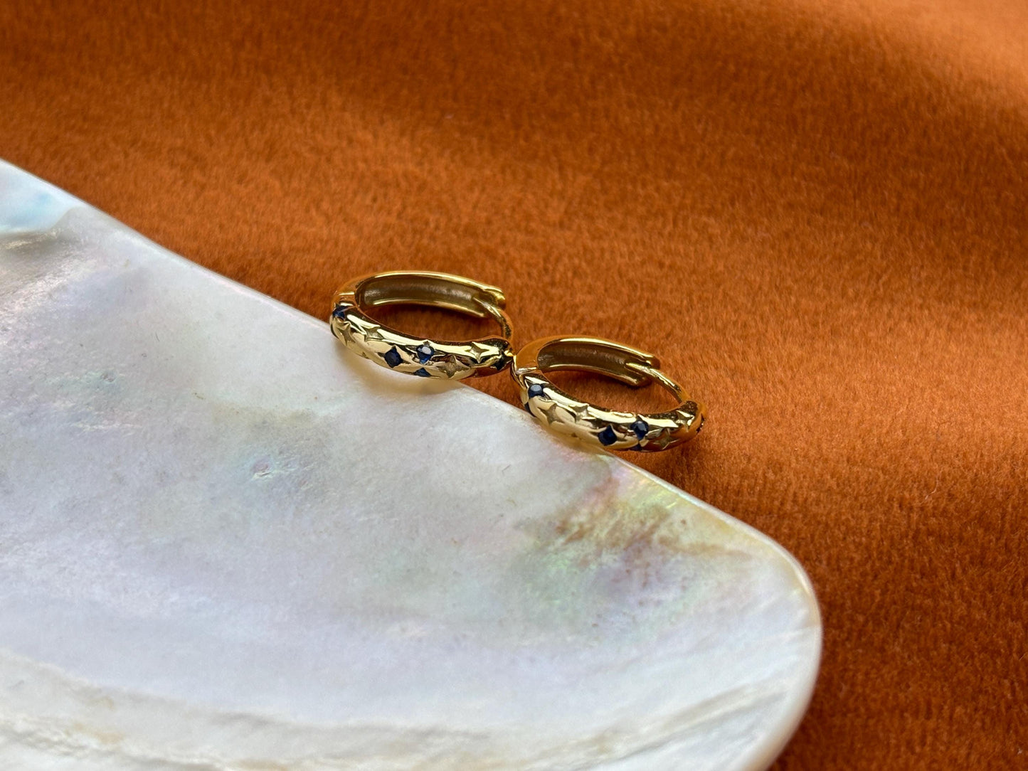 North Star Golden Hoop Earrings, Blue Star Huggie, Shiny Star Earrings Jewelry, 18K Gold Plated Sterling Silver Sparkling Star Jewellery