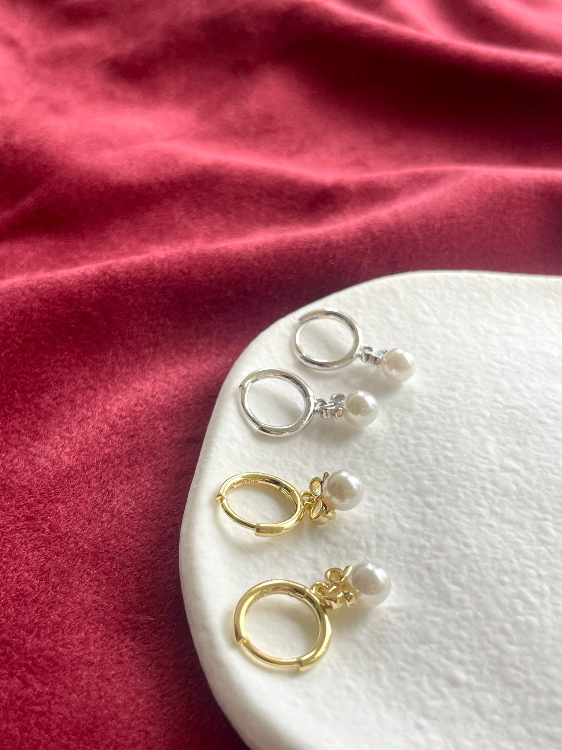 Bowknot Pearl Hoop Earrings, Cute Pearl Drop Dangle Earrings, Vintage Style Pearl Hoops Jewelry, Retro Gold Plated Sterling Silver Jewellery