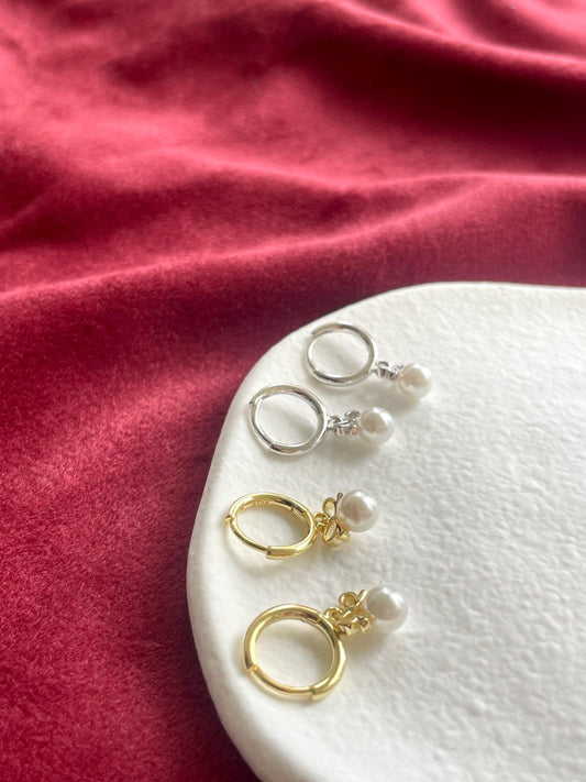 Bowknot Pearl Hoop Earrings, Cute Pearl Drop Dangle Earrings, Vintage Style Pearl Hoops Jewelry, Retro Gold Plated Sterling Silver Jewellery