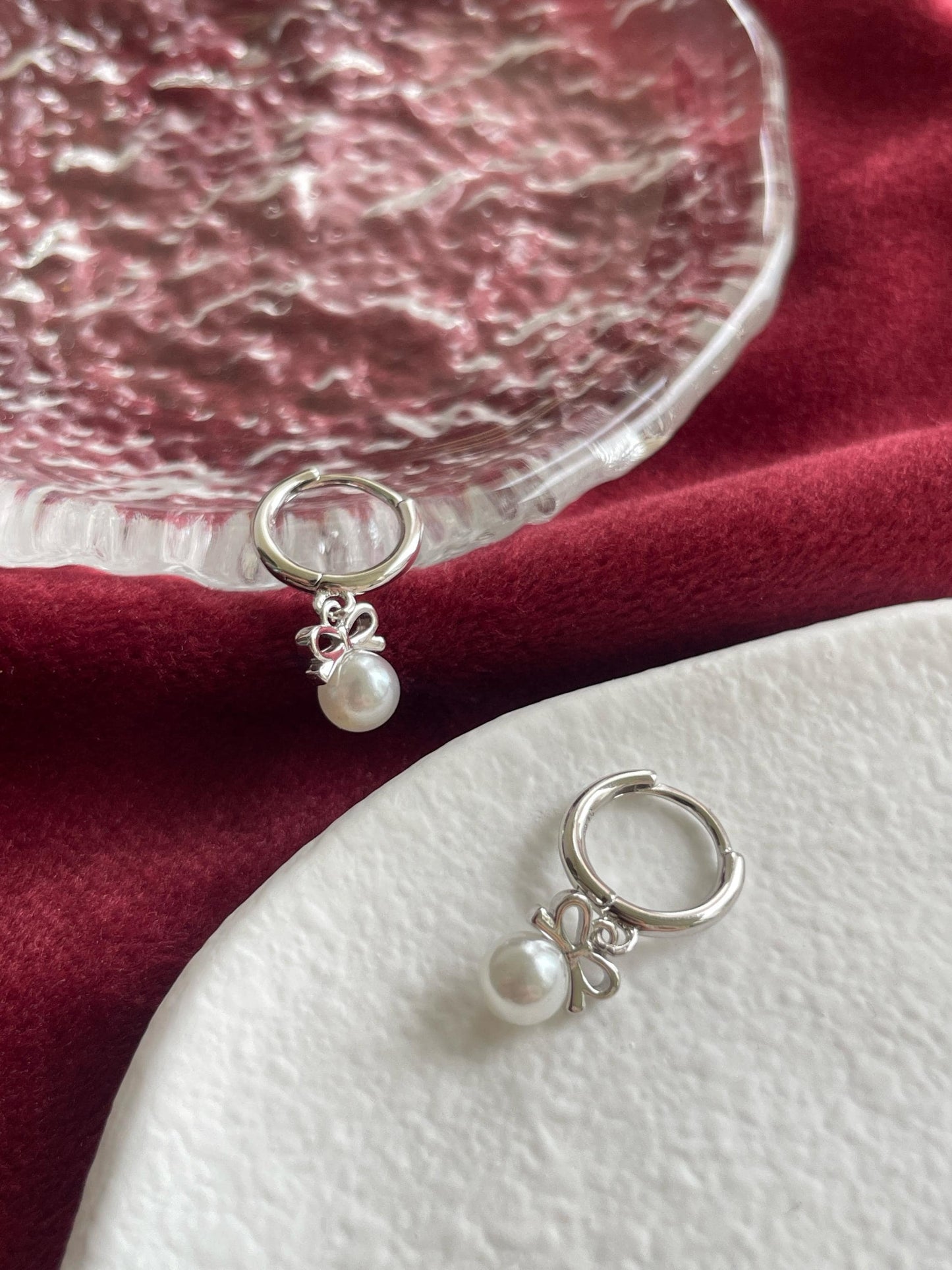 Bowknot Pearl Hoop Earrings, Cute Pearl Drop Dangle Earrings, Vintage Style Pearl Hoops Jewelry, Retro Gold Plated Sterling Silver Jewellery