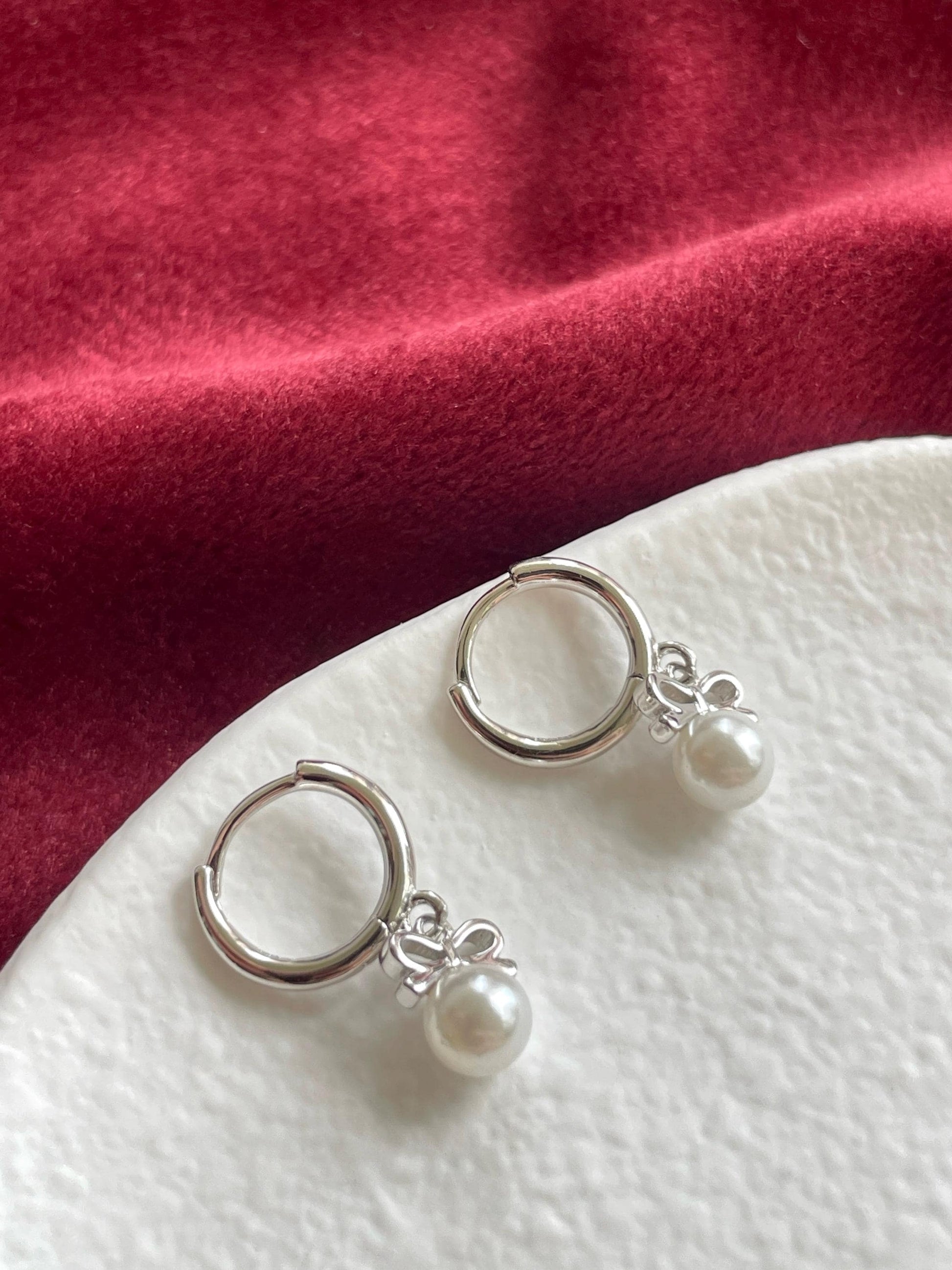 Bowknot Pearl Hoop Earrings, Cute Pearl Drop Dangle Earrings, Vintage Style Pearl Hoops Jewelry, Retro Gold Plated Sterling Silver Jewellery