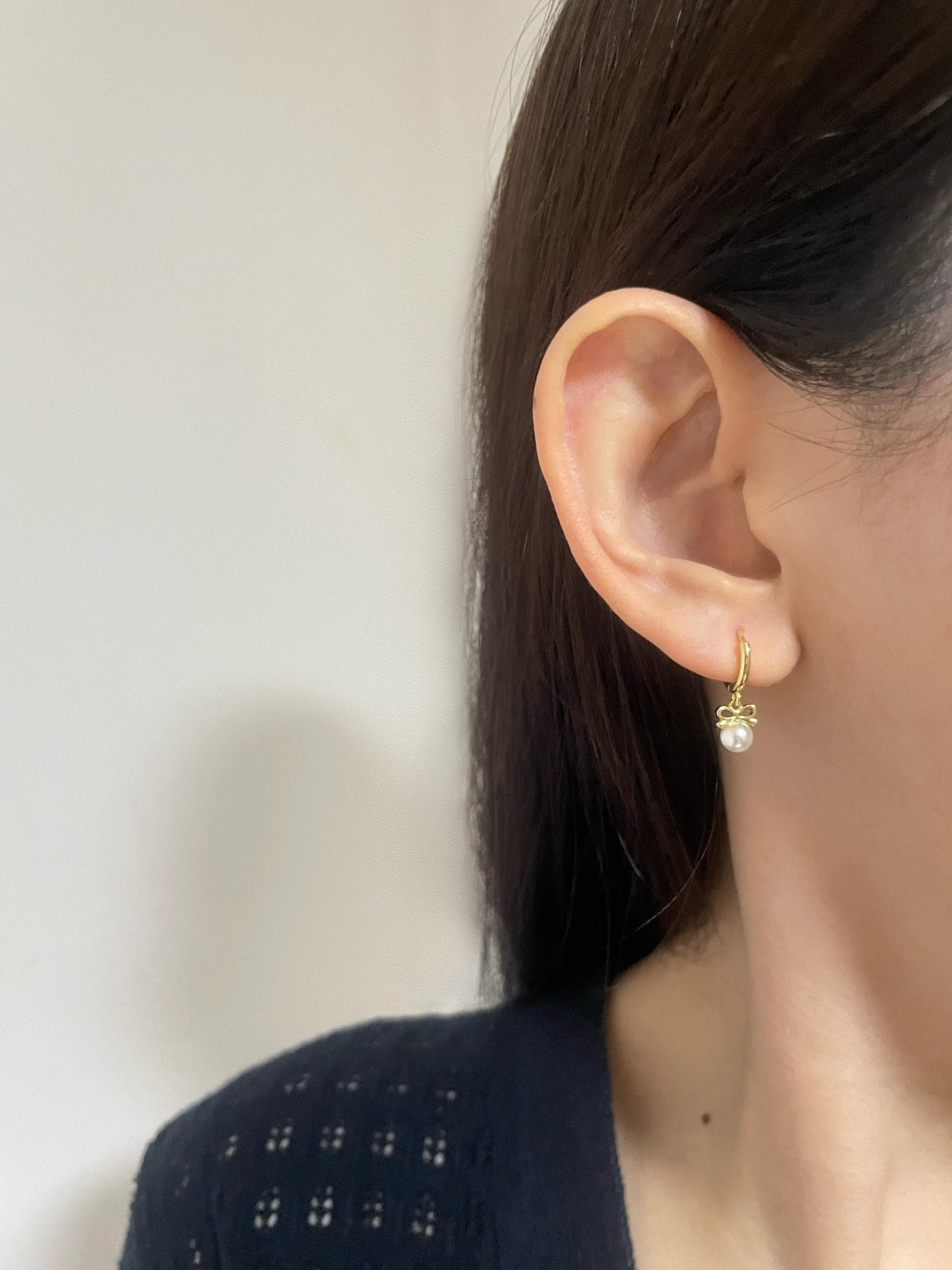 Bowknot Pearl Hoop Earrings, Cute Pearl Drop Dangle Earrings, Vintage Style Pearl Hoops Jewelry, Retro Gold Plated Sterling Silver Jewellery