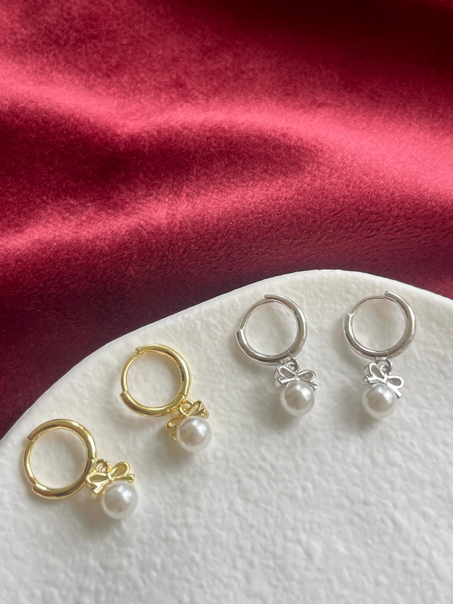 Bowknot Pearl Hoop Earrings, Cute Pearl Drop Dangle Earrings, Vintage Style Pearl Hoops Jewelry, Retro Gold Plated Sterling Silver Jewellery