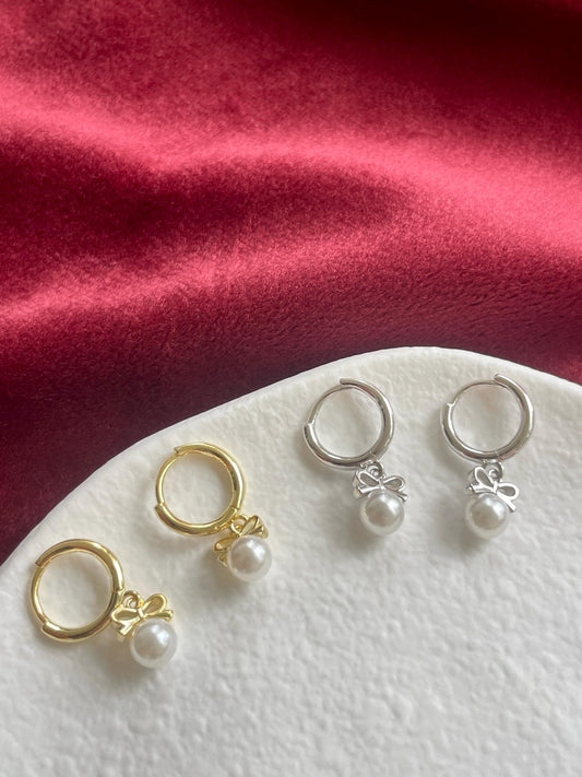 Bowknot Pearl Hoop Earrings, Cute Pearl Drop Dangle Earrings, Vintage Style Pearl Hoops Jewelry, Retro Gold Plated Sterling Silver Jewellery