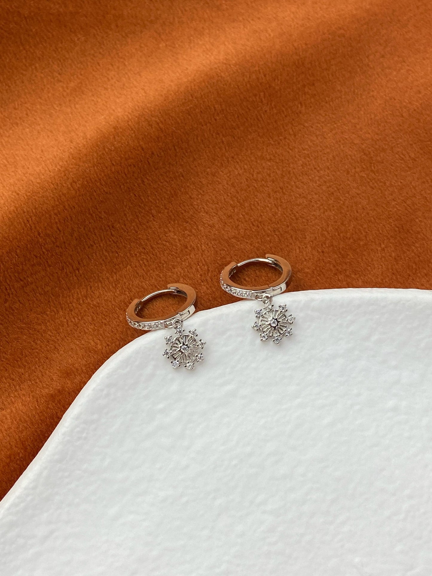 Flower Hoop Earrings, Cute Octagonal Star Drop Dangle Huggies Earrings, Floral Snowflake Hoops Jewelry, Celestial Sterling Silver Jewellery