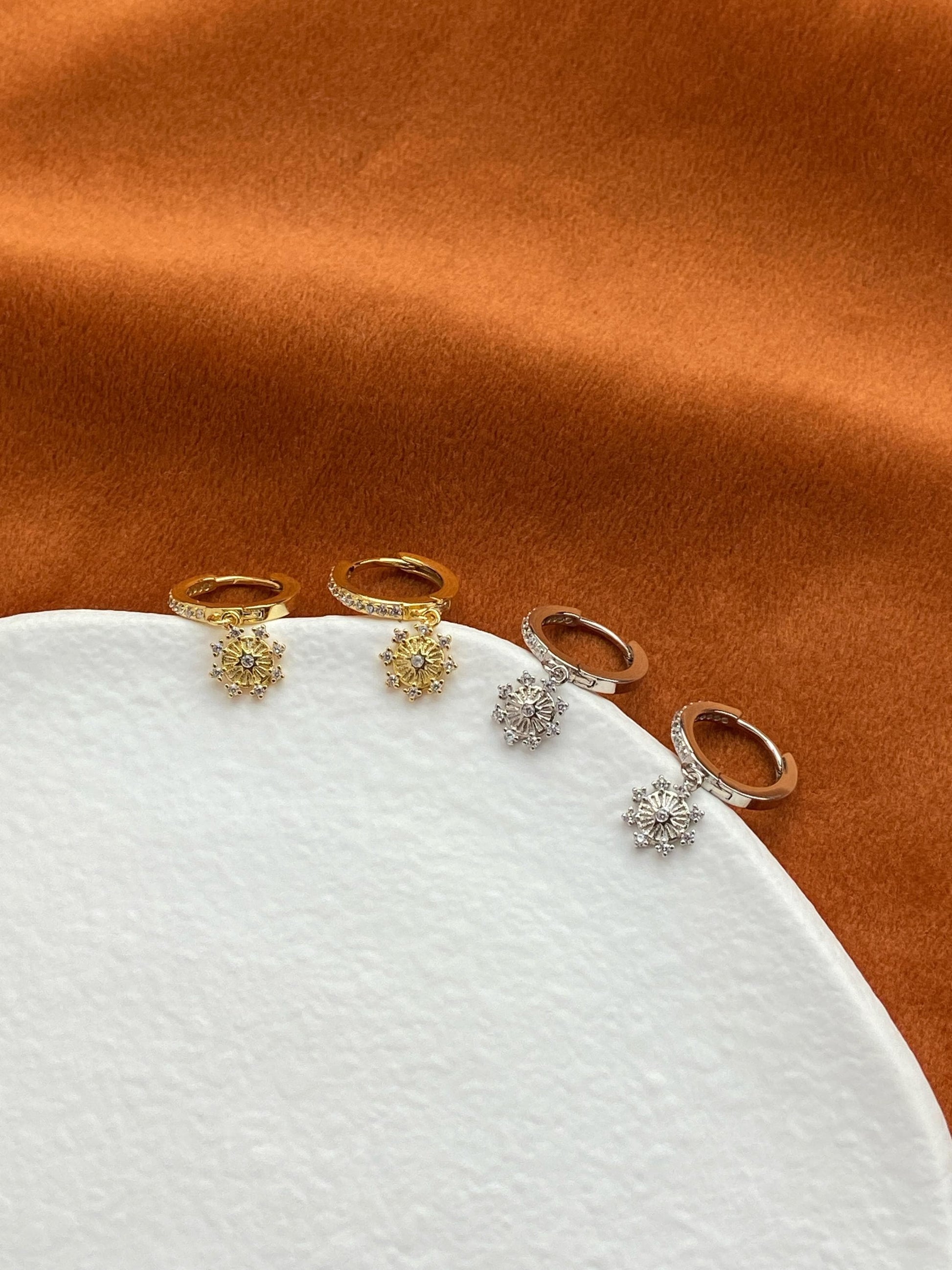 Flower Hoop Earrings, Cute Octagonal Star Drop Dangle Huggies Earrings, Floral Snowflake Hoops Jewelry, Celestial Sterling Silver Jewellery