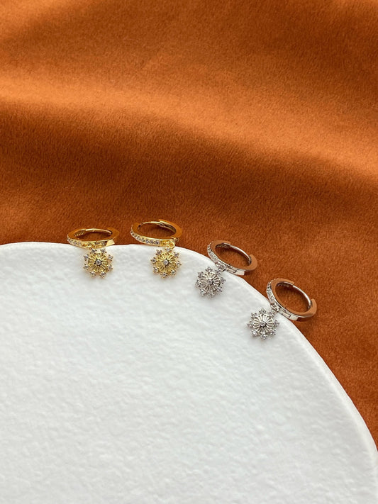 Flower Hoop Earrings, Cute Octagonal Star Drop Dangle Huggies Earrings, Floral Snowflake Hoops Jewelry, Celestial Sterling Silver Jewellery