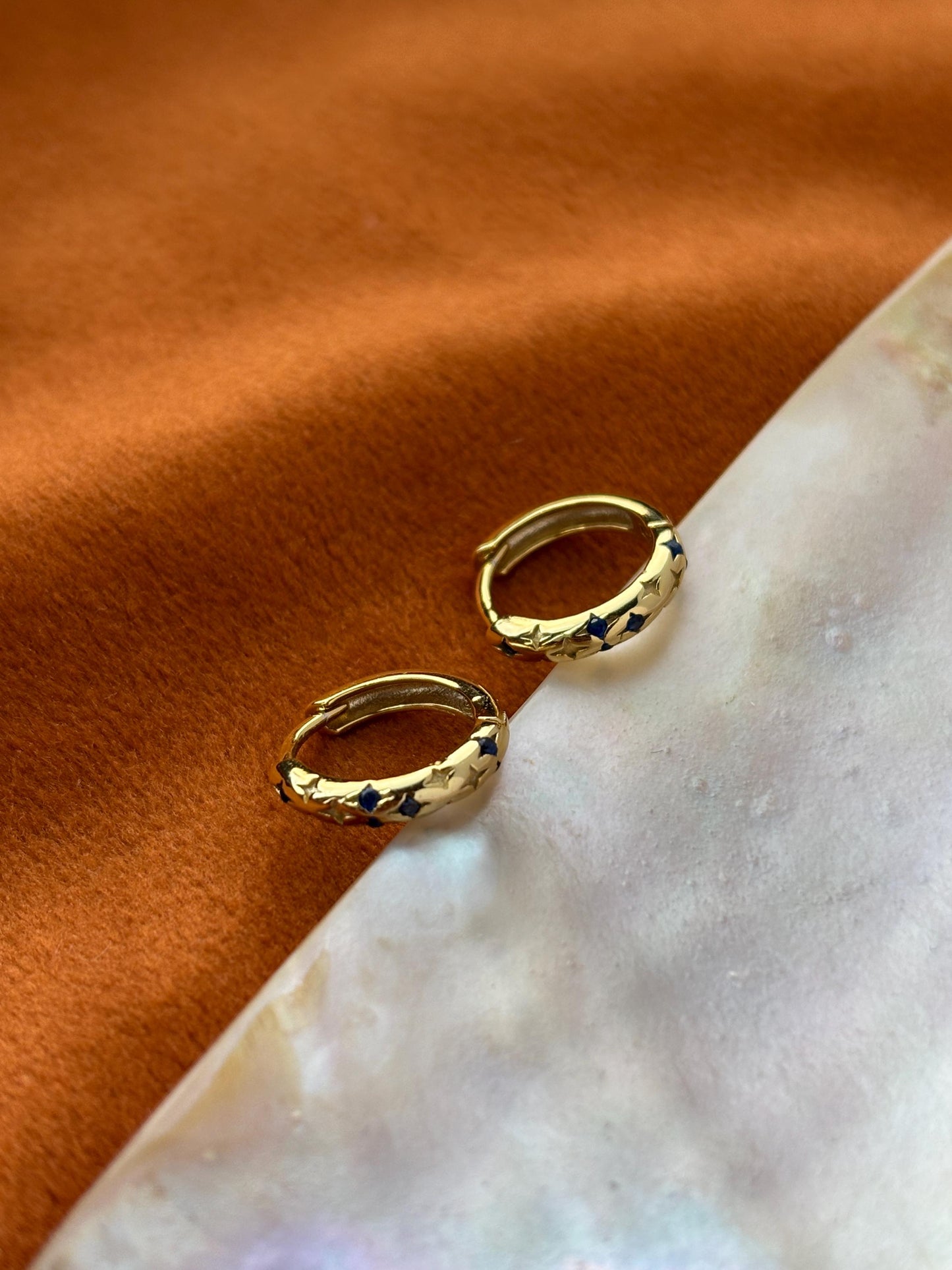 North Star Golden Hoop Earrings, Blue Star Huggie, Shiny Star Earrings Jewelry, 18K Gold Plated Sterling Silver Sparkling Star Jewellery