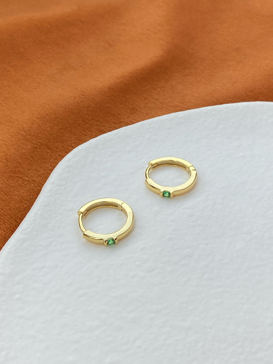 Basic Gemstone Hoops, Green / White Stone Huggie Earrings Jewelry, Dainty Emerald Green Zircon Hoop, Gold Plated Sterling Silver Jewellery
