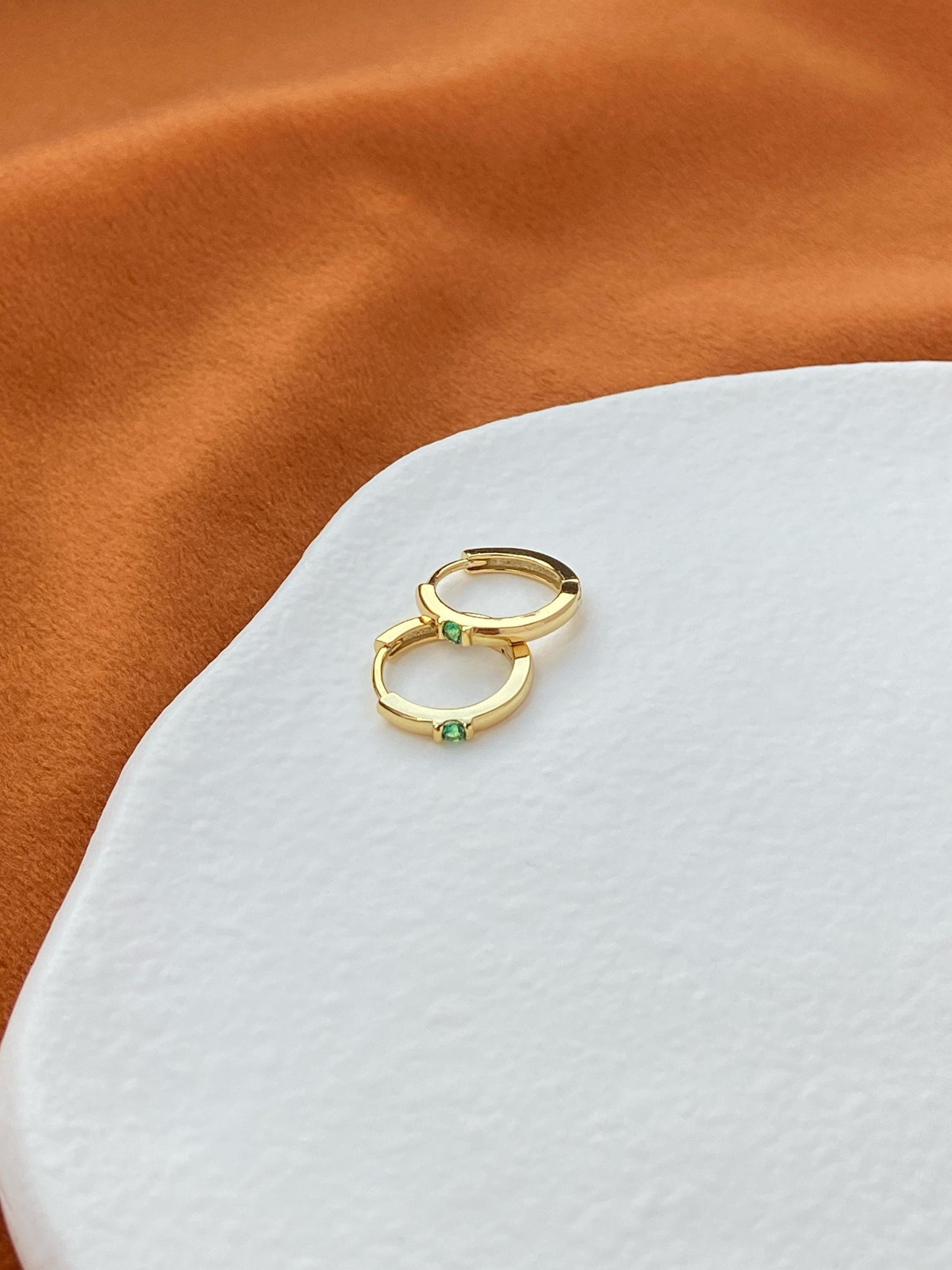 Basic Gemstone Hoops, Green / White Stone Huggie Earrings Jewelry, Dainty Emerald Green Zircon Hoop, Gold Plated Sterling Silver Jewellery