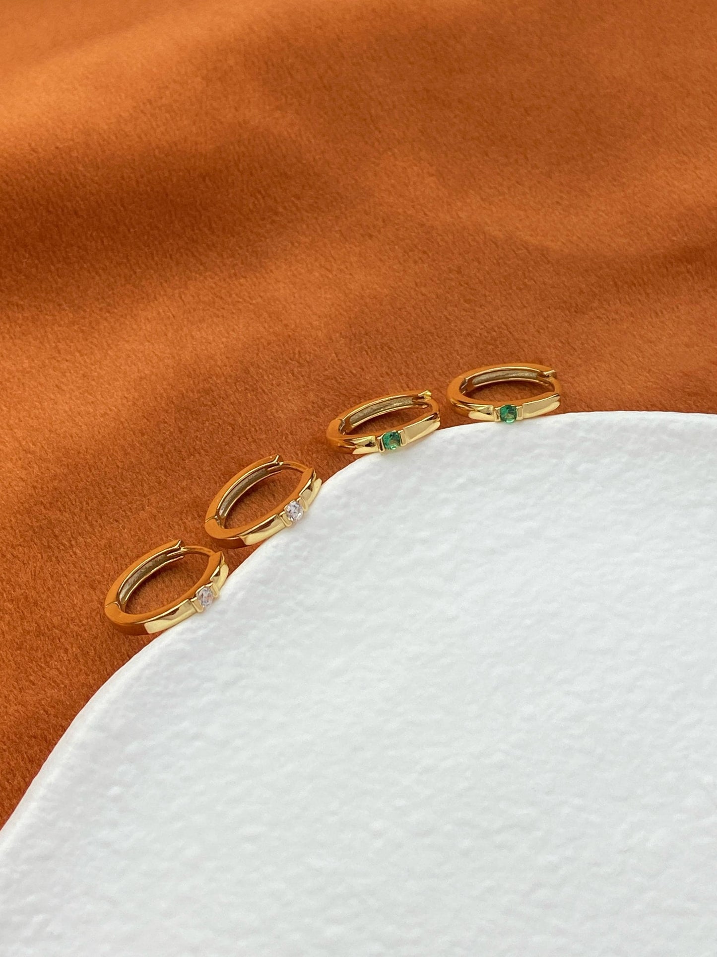 Basic Gemstone Hoops, Green / White Stone Huggie Earrings Jewelry, Dainty Emerald Green Zircon Hoop, Gold Plated Sterling Silver Jewellery