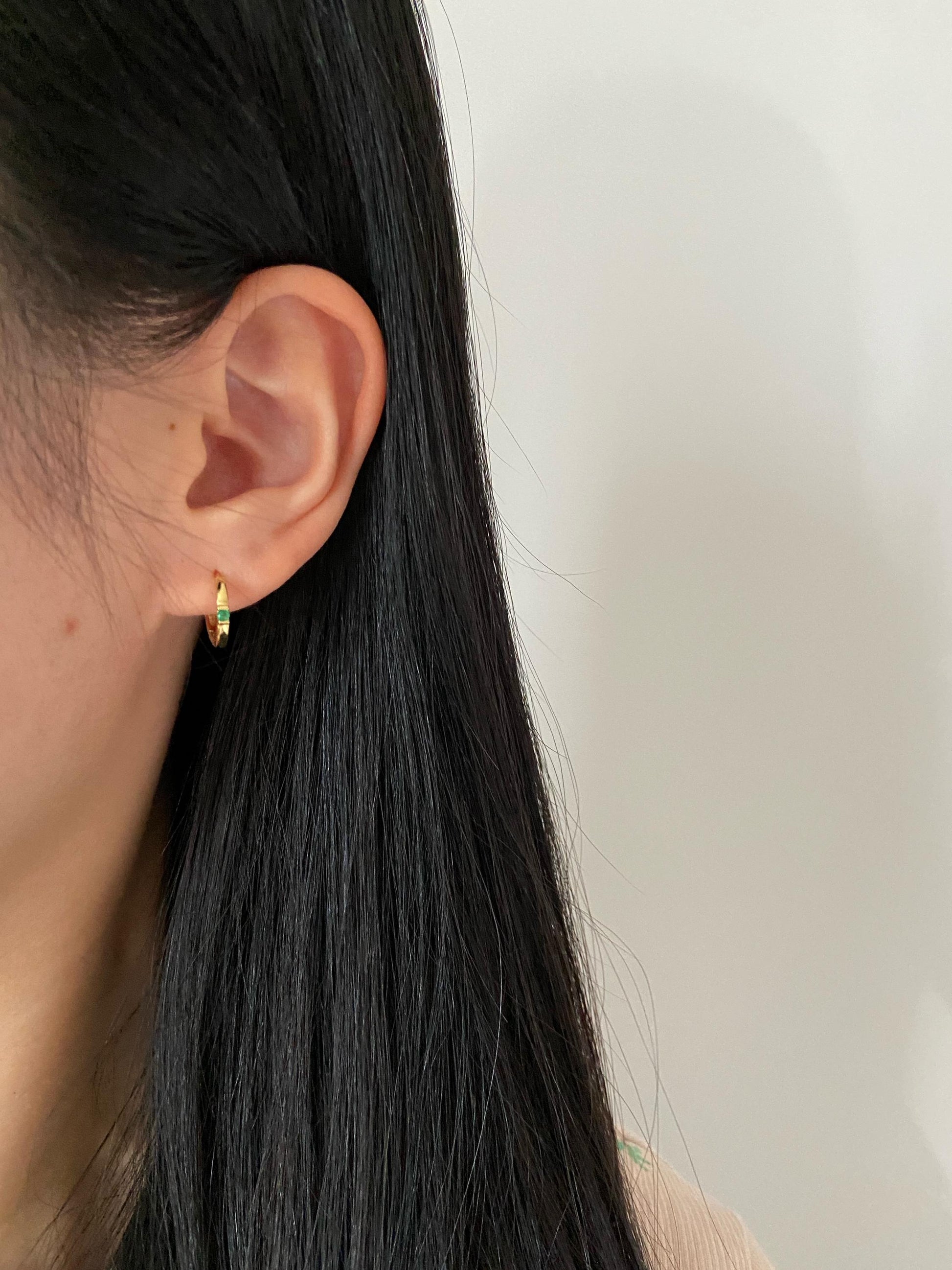 Basic Gemstone Hoops, Green / White Stone Huggie Earrings Jewelry, Dainty Emerald Green Zircon Hoop, Gold Plated Sterling Silver Jewellery