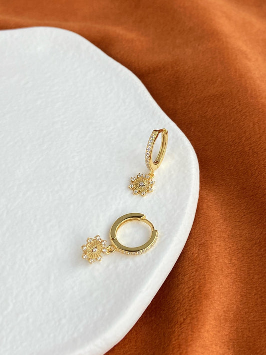 Flower Hoop Earrings, Cute Octagonal Star Drop Dangle Huggies Earrings, Floral Snowflake Hoops Jewelry, Celestial Sterling Silver Jewellery