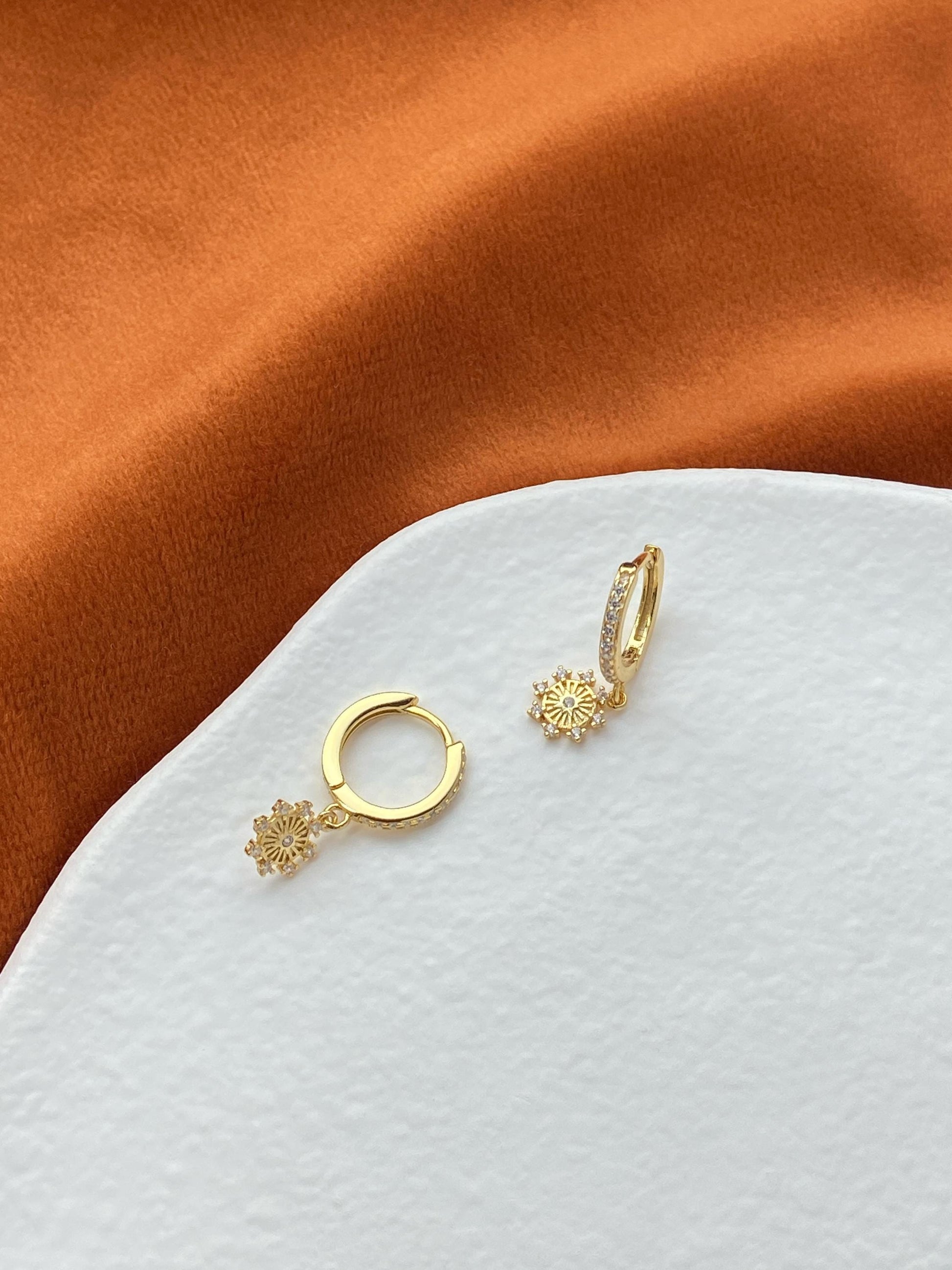 Flower Hoop Earrings, Cute Octagonal Star Drop Dangle Huggies Earrings, Floral Snowflake Hoops Jewelry, Celestial Sterling Silver Jewellery