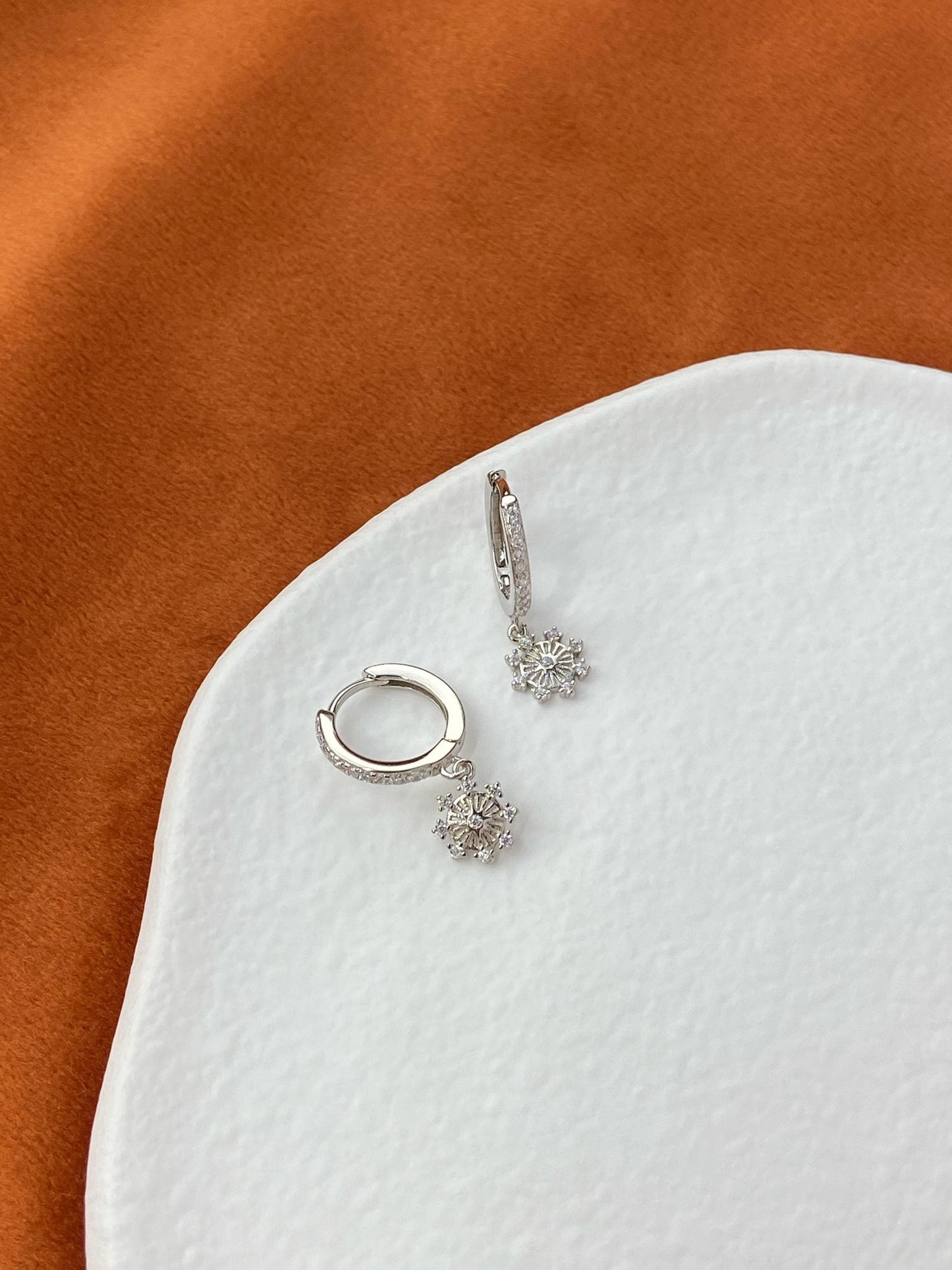 Flower Hoop Earrings, Cute Octagonal Star Drop Dangle Huggies Earrings, Floral Snowflake Hoops Jewelry, Celestial Sterling Silver Jewellery