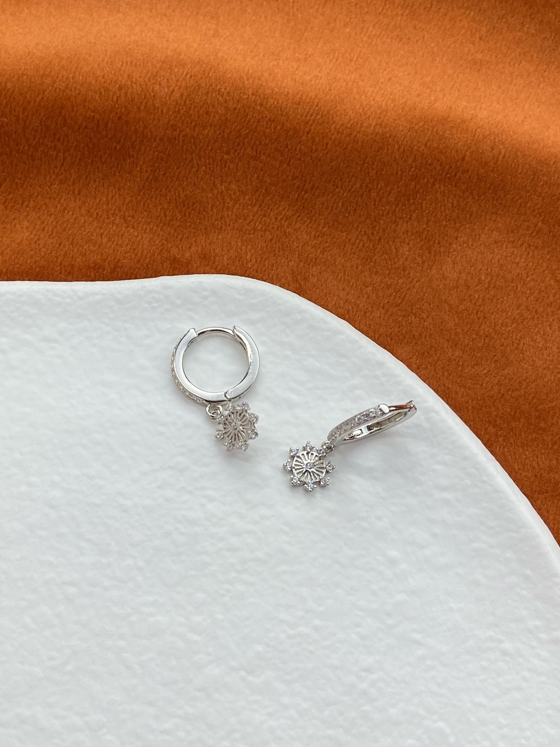 Flower Hoop Earrings, Cute Octagonal Star Drop Dangle Huggies Earrings, Floral Snowflake Hoops Jewelry, Celestial Sterling Silver Jewellery