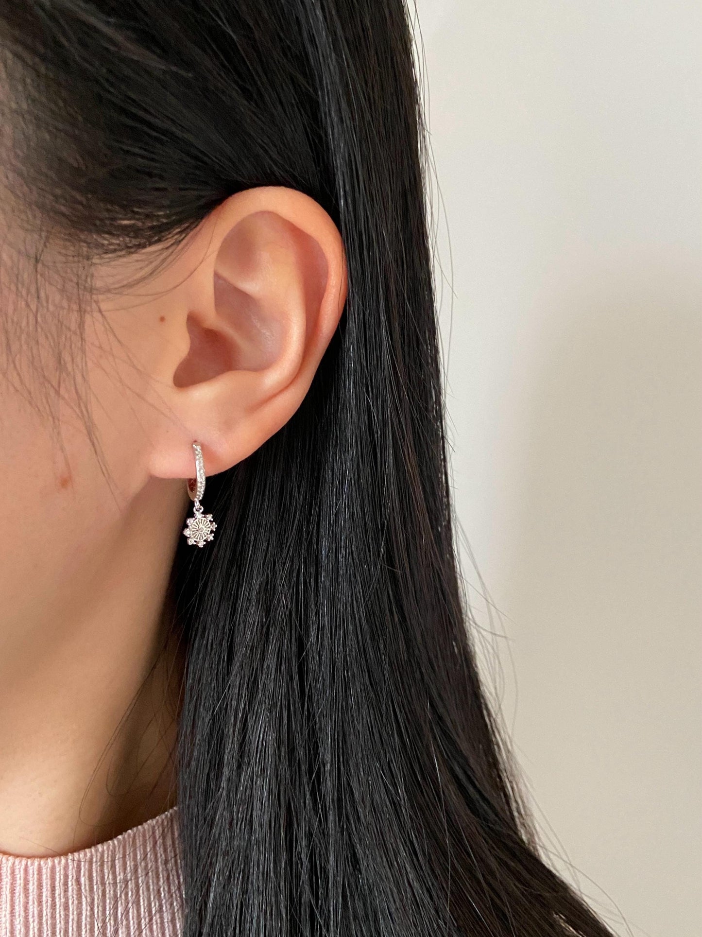 Flower Hoop Earrings, Cute Octagonal Star Drop Dangle Huggies Earrings, Floral Snowflake Hoops Jewelry, Celestial Sterling Silver Jewellery