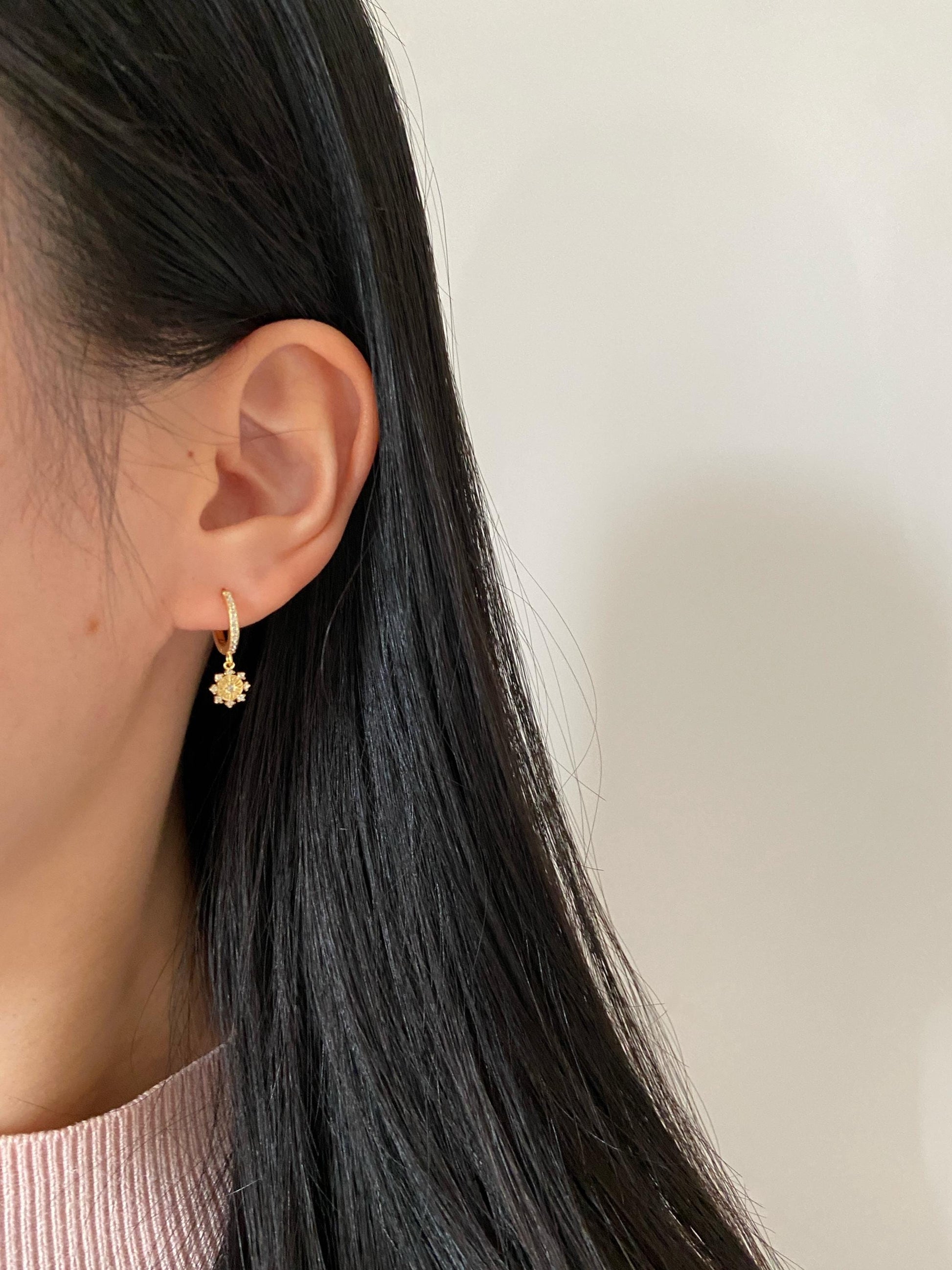 Flower Hoop Earrings, Cute Octagonal Star Drop Dangle Huggies Earrings, Floral Snowflake Hoops Jewelry, Celestial Sterling Silver Jewellery