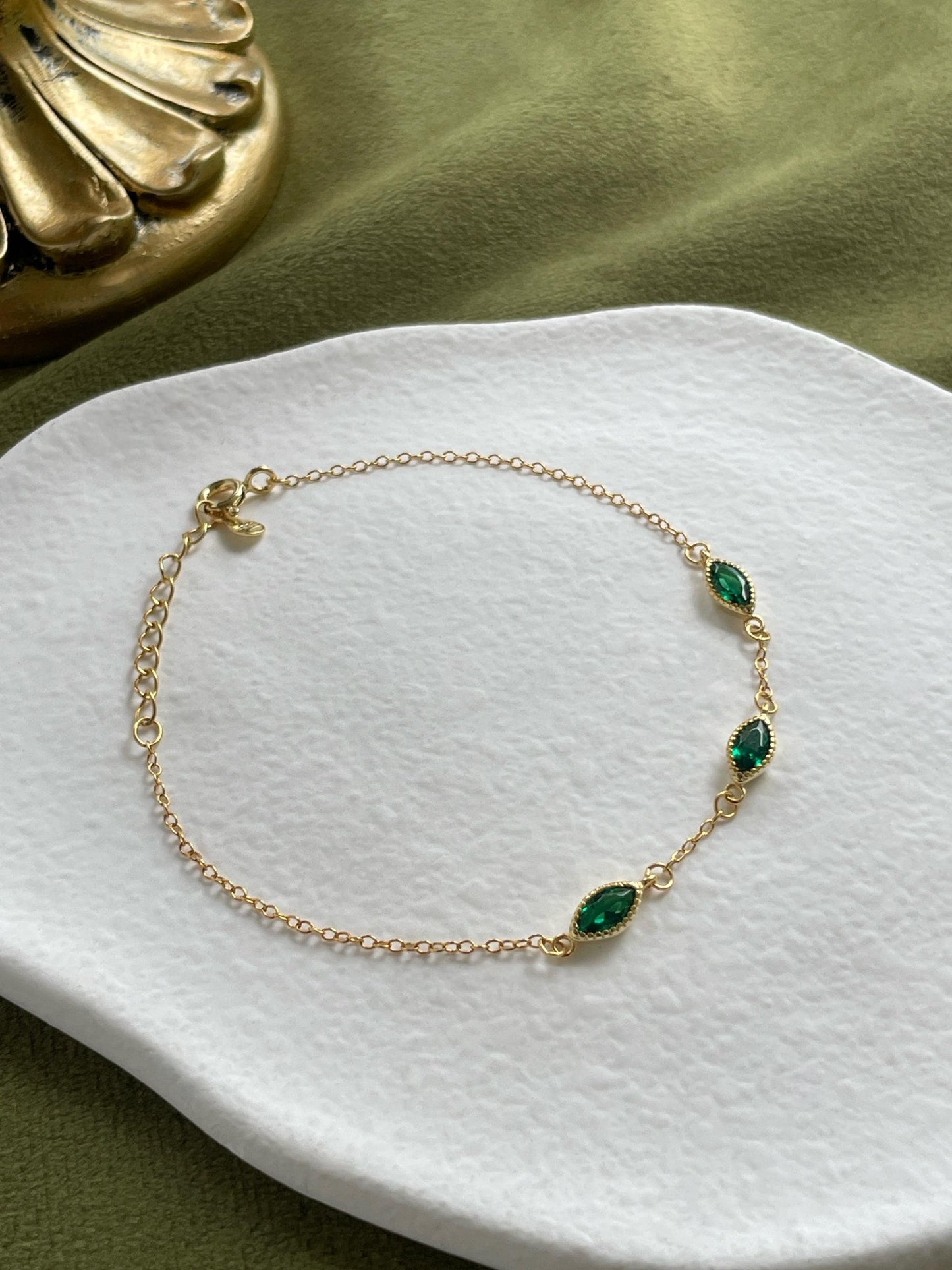 Marquise Emerald Bracelet, Retro Oval Green Stone Chain Bracelet, Dainty Royal Court Gold Plated Silver Jewellery, Elegant Vintage Jewelry