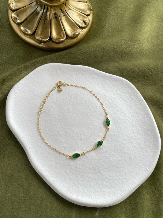 Marquise Emerald Bracelet, Retro Oval Green Stone Chain Bracelet, Dainty Royal Court Gold Plated Silver Jewellery, Elegant Vintage Jewelry