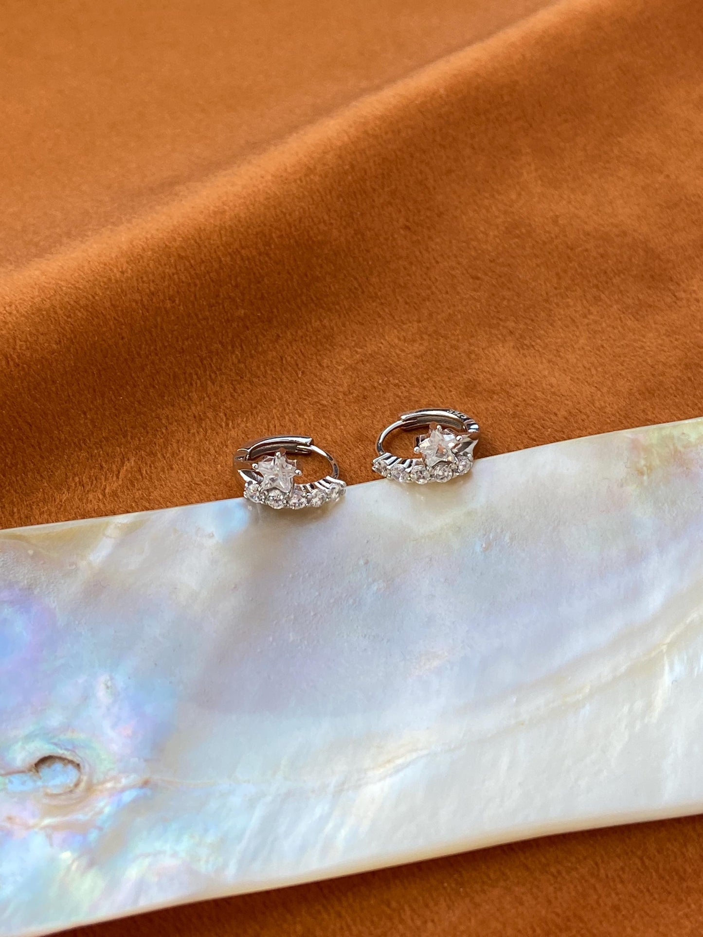 Sparkling Star Hoop Earrings, Dainty Pentagram Huggie, Silver Celestial Earrings Jewelry, Gold Plated Sterling Silver Shiny Star Jewellery