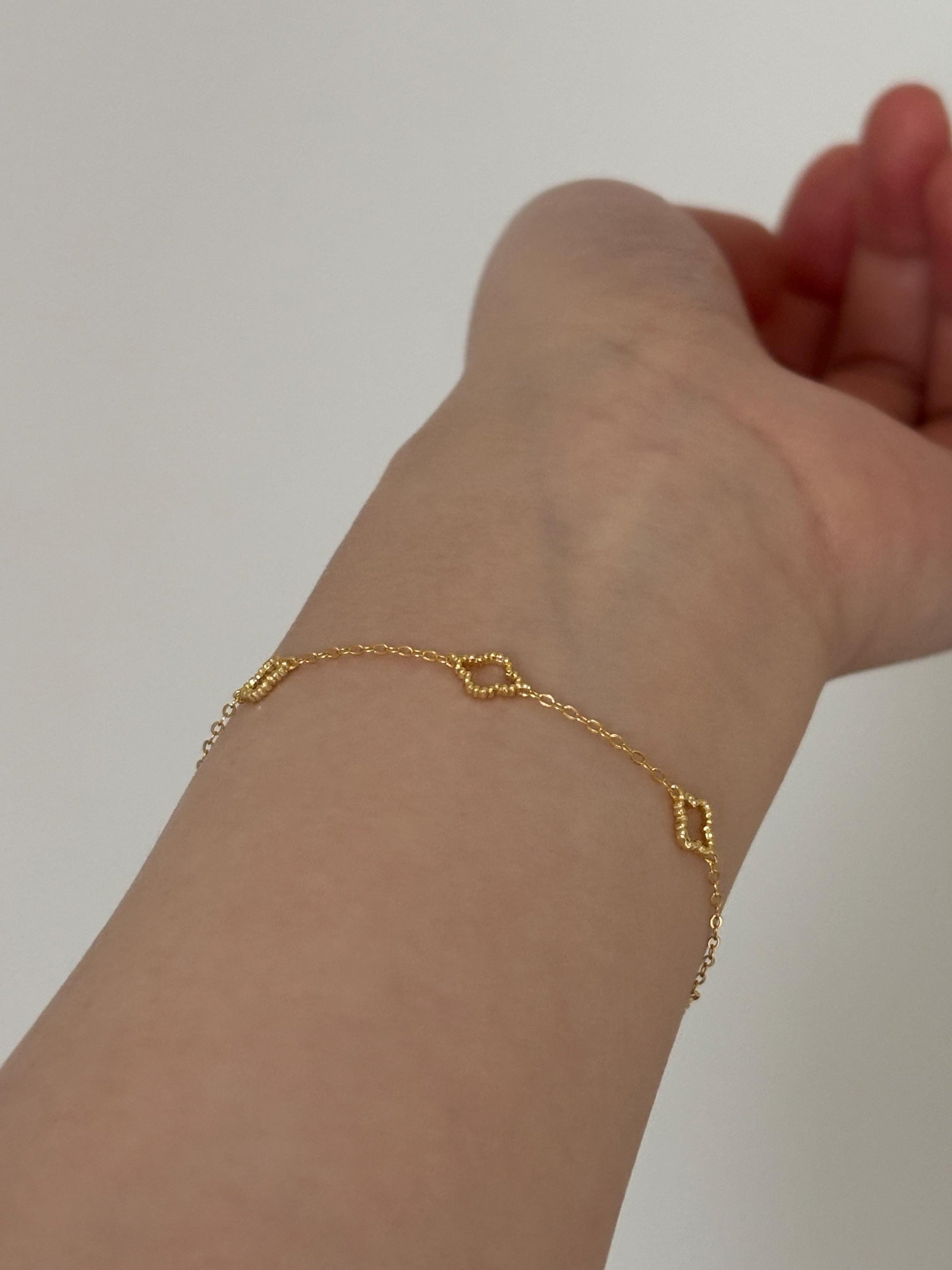 Solid Sterling Silver Four Leaf Clover Bracelet, Golden Flower Charm Bracelet, Floral Gold Plated Jewelry, Dainty Lovely Elegant Jewelry