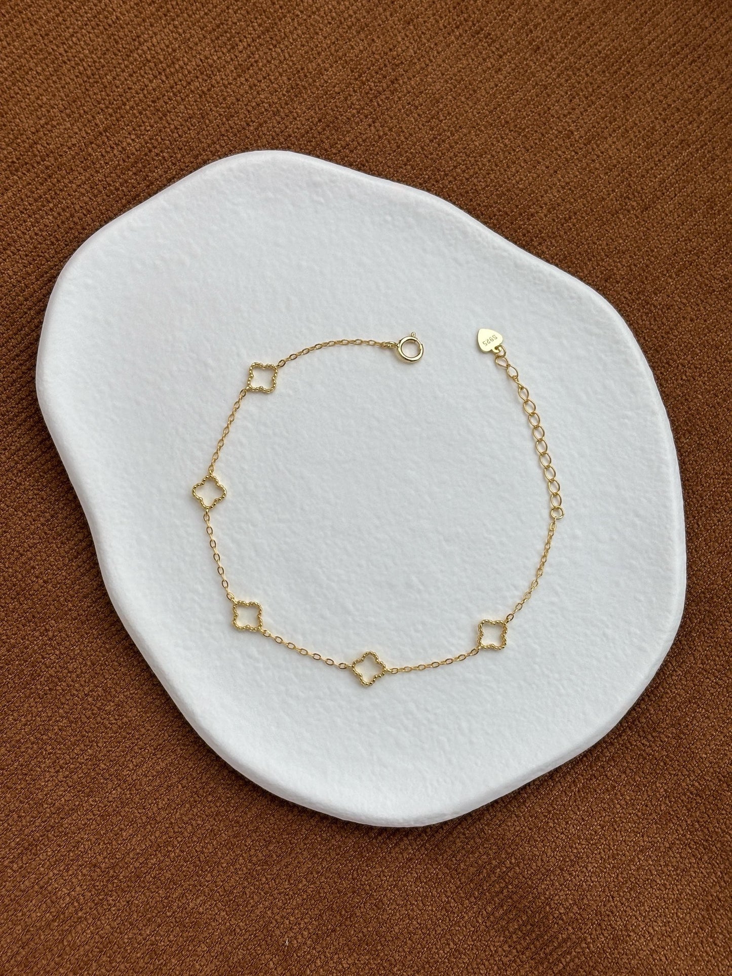 Solid Sterling Silver Four Leaf Clover Bracelet, Golden Flower Charm Bracelet, Floral Gold Plated Jewelry, Dainty Lovely Elegant Jewelry