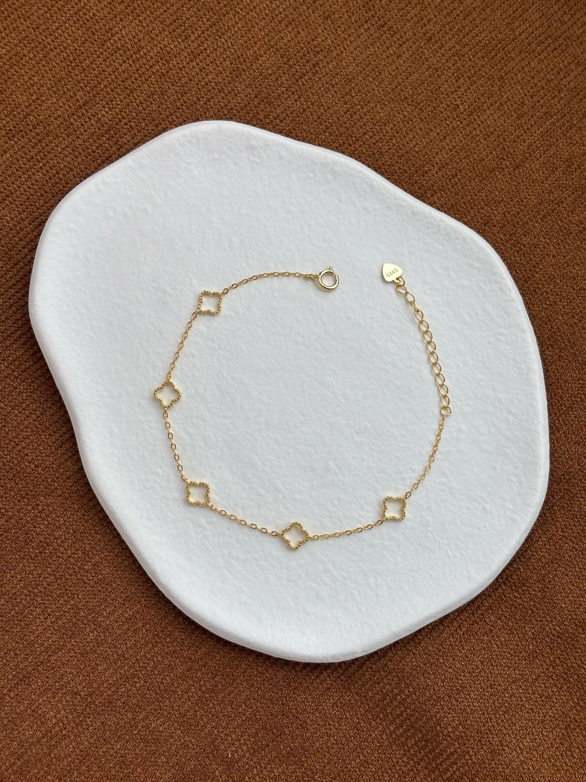 Solid Sterling Silver Four Leaf Clover Bracelet, Golden Flower Charm Bracelet, Floral Gold Plated Jewelry, Dainty Lovely Elegant Jewelry