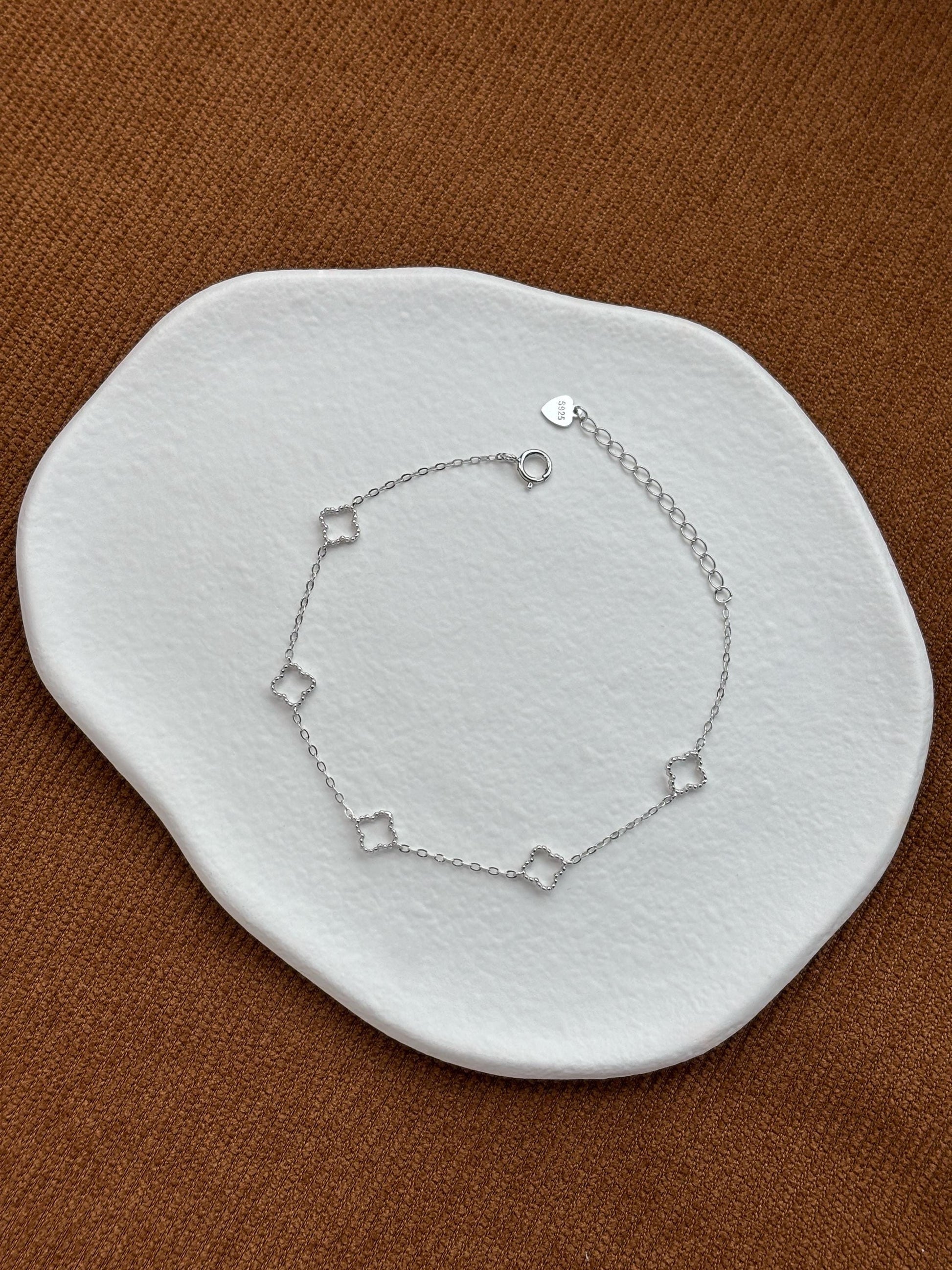 Solid Sterling Silver Four Leaf Clover Bracelet, Golden Flower Charm Bracelet, Floral Gold Plated Jewelry, Dainty Lovely Elegant Jewelry