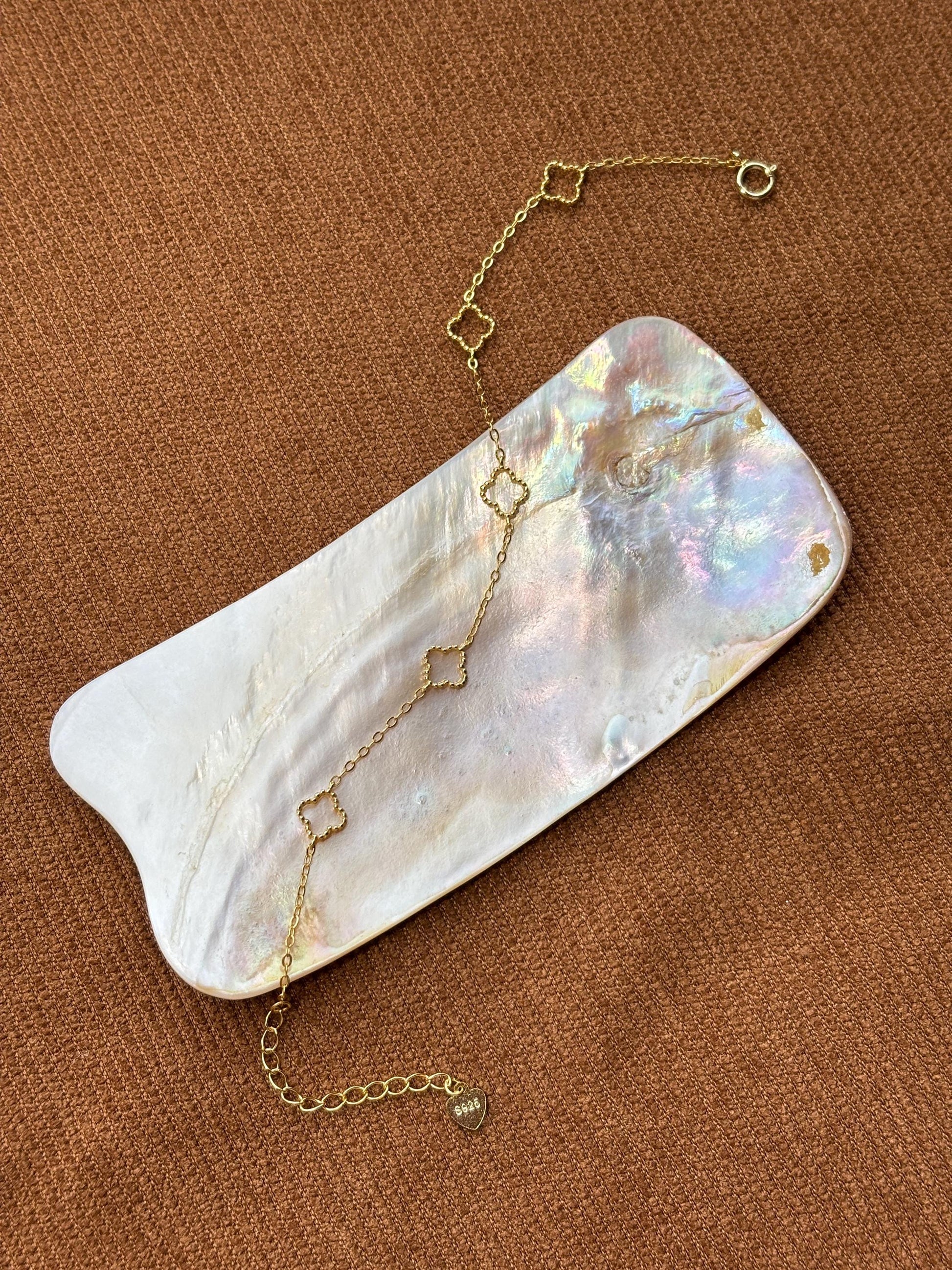 Solid Sterling Silver Four Leaf Clover Bracelet, Golden Flower Charm Bracelet, Floral Gold Plated Jewelry, Dainty Lovely Elegant Jewelry