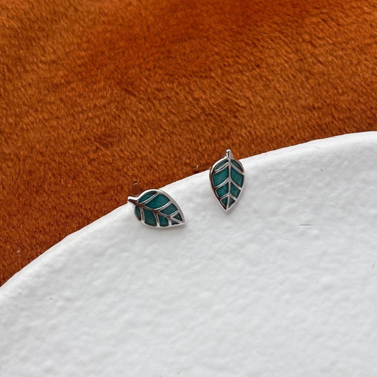 Enamel Green Leaf Solid Sterling Silver Stud Earrings, Mini Cute Golden Plant Earrings, Glaze Jewelry, Dainty 14K Gold Plated Studs