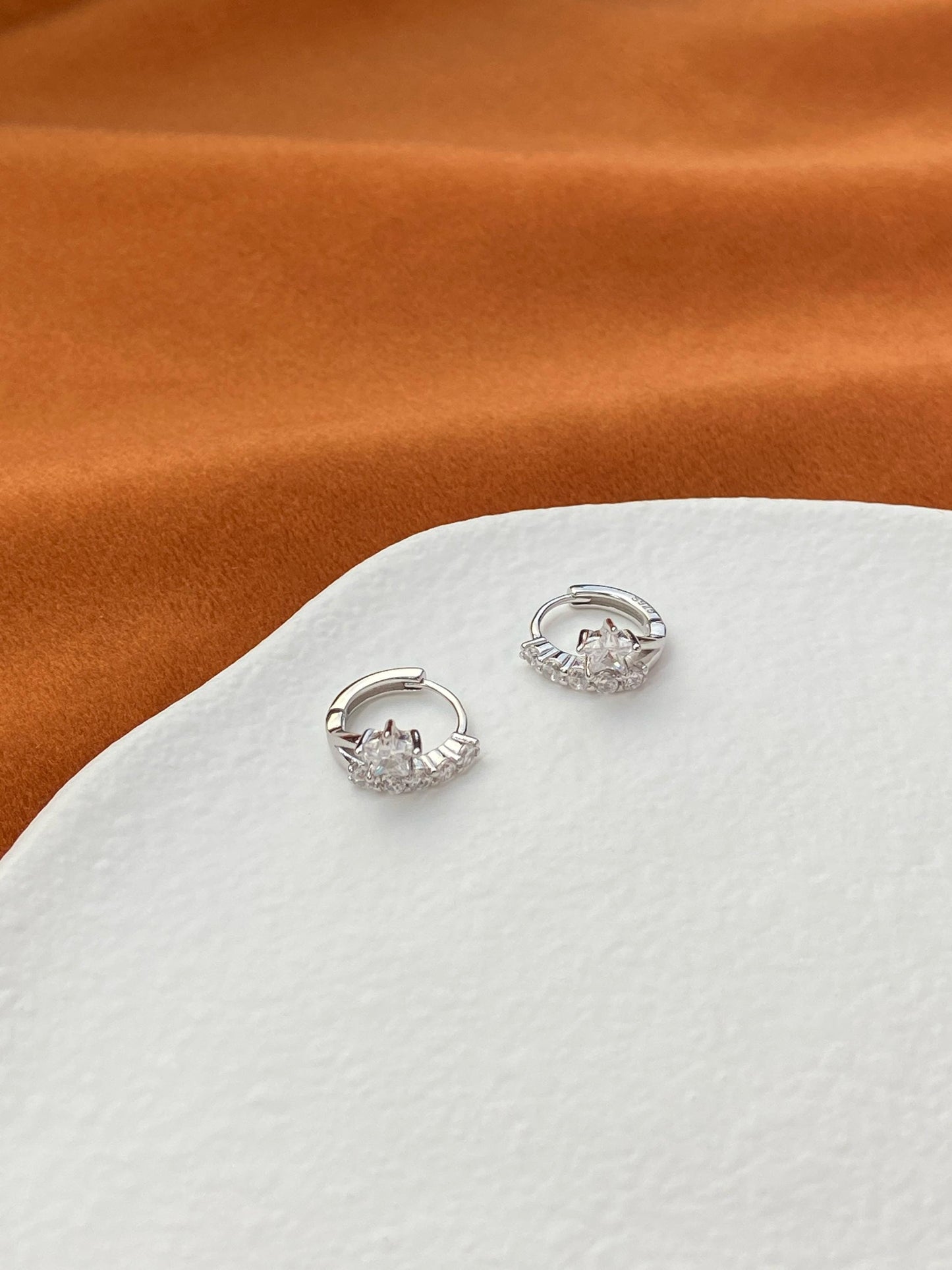 Sparkling Star Hoop Earrings, Dainty Pentagram Huggie, Silver Celestial Earrings Jewelry, Gold Plated Sterling Silver Shiny Star Jewellery